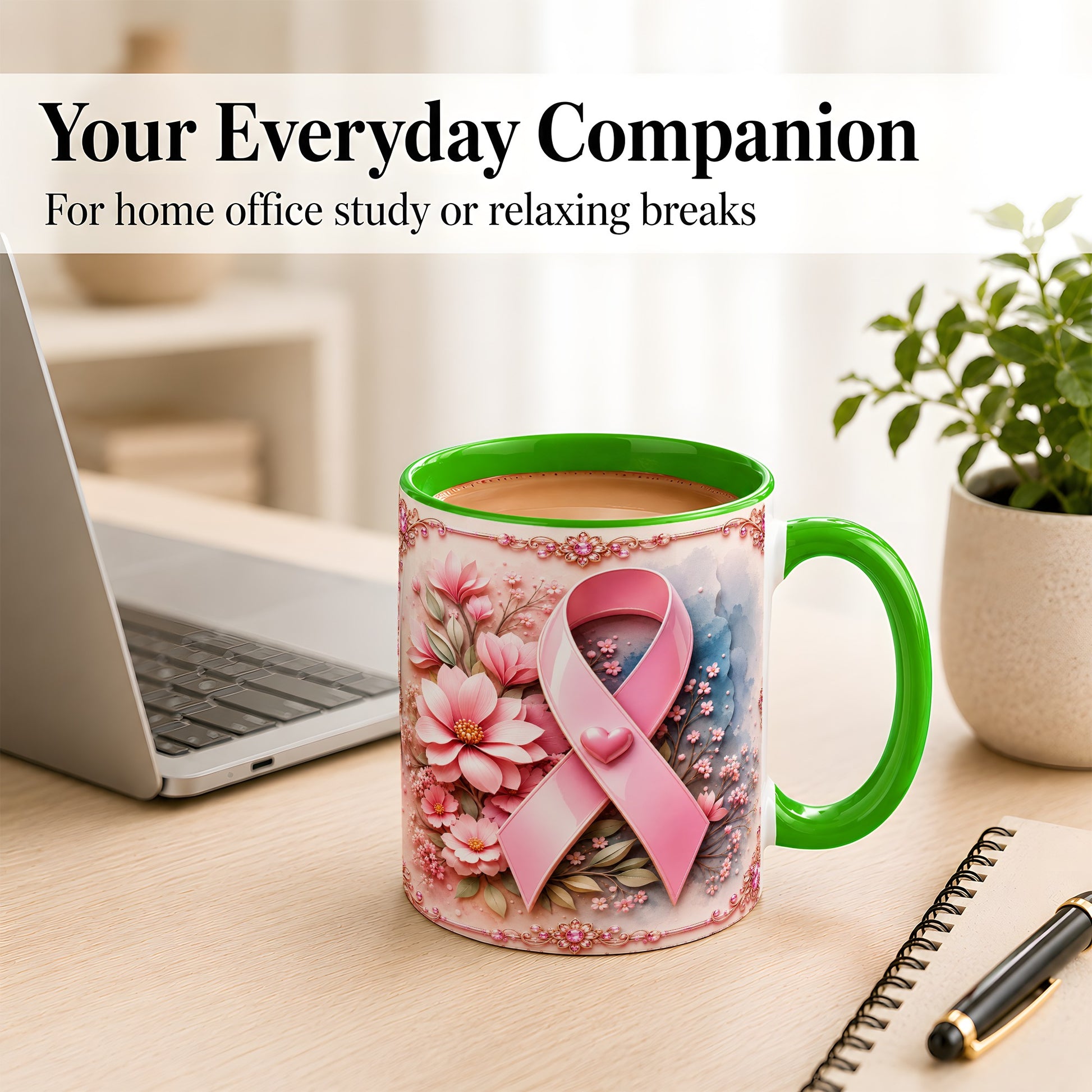 #pl[11oz|Green] Breast Cancer Awareness Coffee Mug, Pink Ribbon Mug, Ceramic Cup