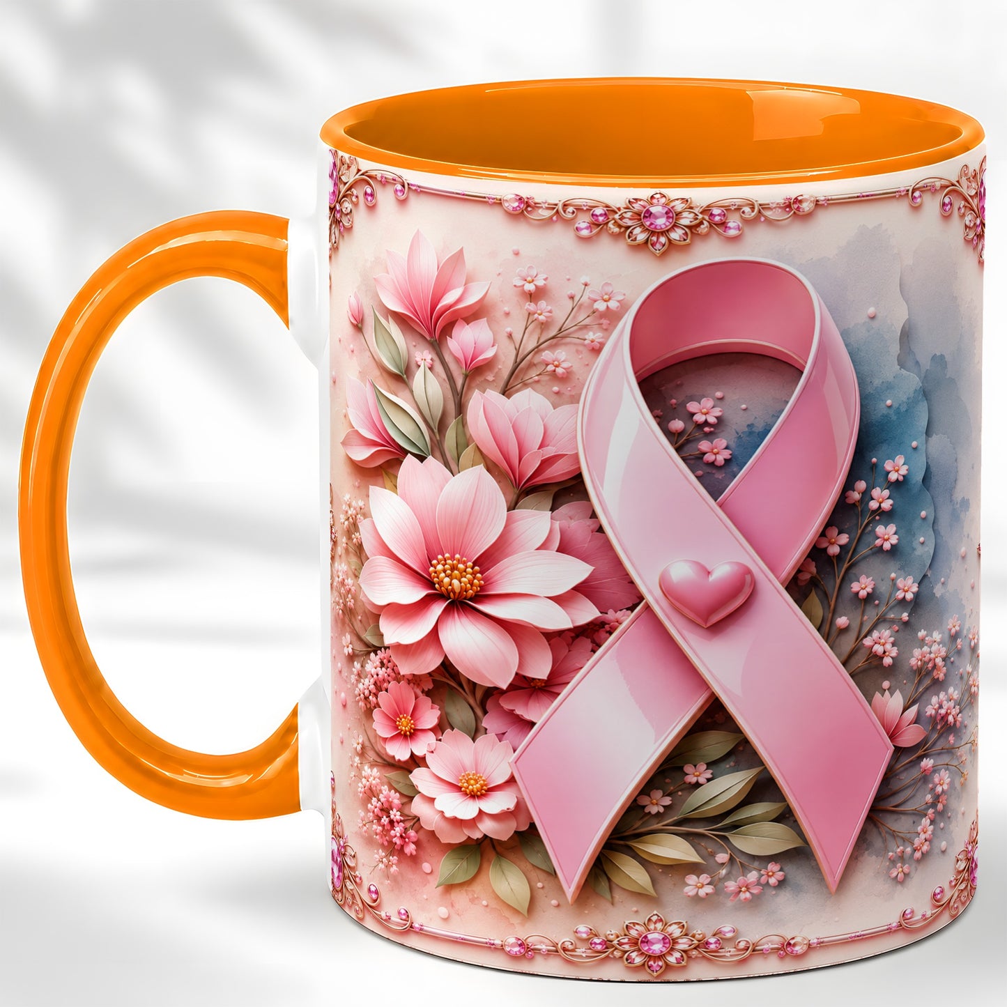 #pl[11oz|Orange] Breast Cancer Awareness Coffee Mug, Pink Ribbon Mug, Ceramic Cup