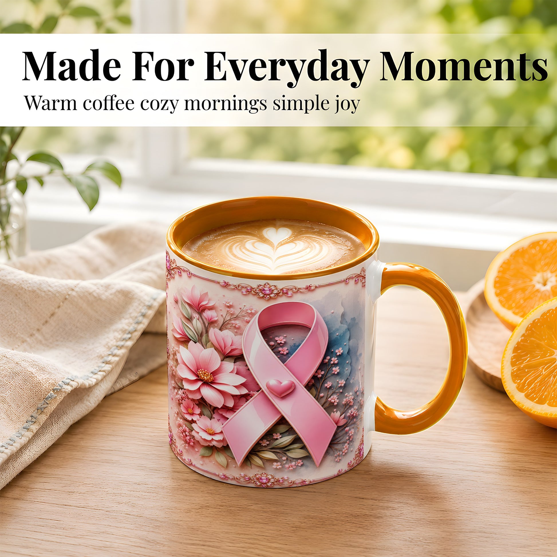 #pl[11oz|Orange] Breast Cancer Awareness Coffee Mug, Pink Ribbon Mug, Ceramic Cup