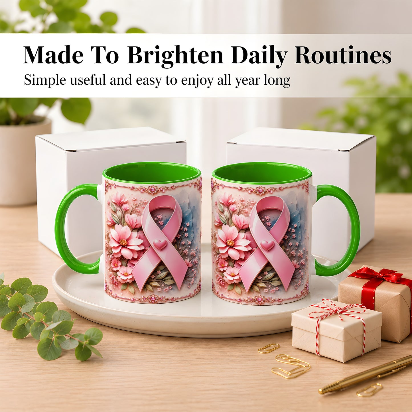 #pl[11oz|Green] Breast Cancer Awareness Coffee Mug, Pink Ribbon Mug, Ceramic Cup