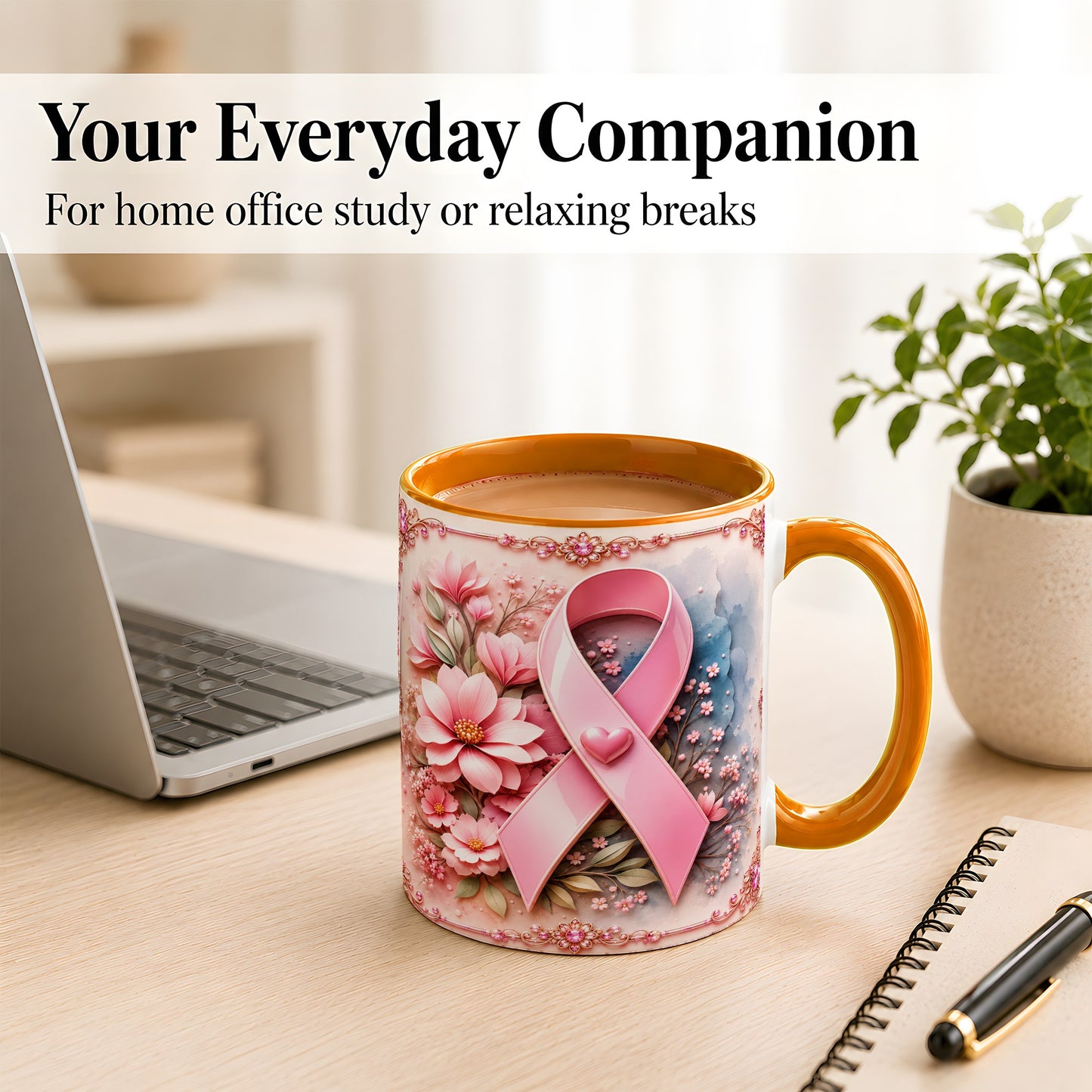 #pl[11oz|Orange] Breast Cancer Awareness Coffee Mug, Pink Ribbon Mug, Ceramic Cup
