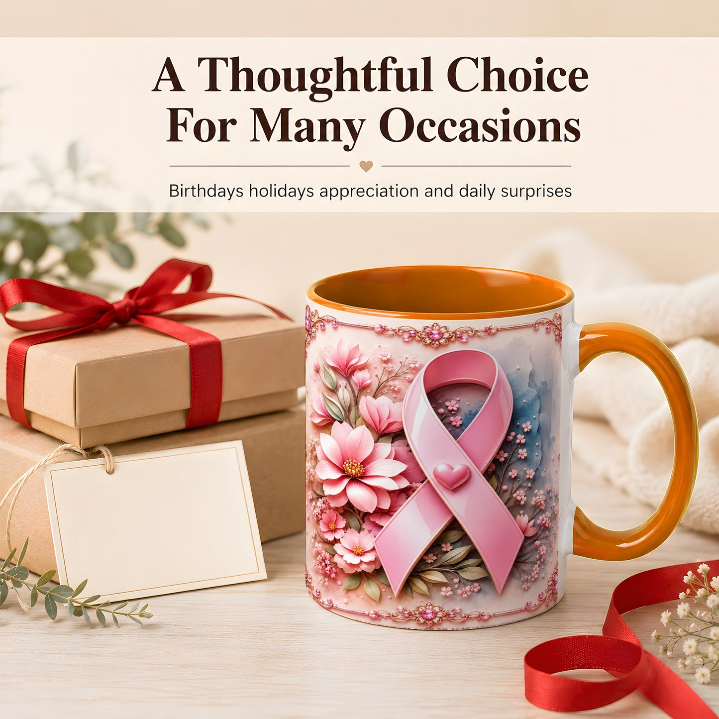 #pl[11oz|Orange] Breast Cancer Awareness Coffee Mug, Pink Ribbon Mug, Ceramic Cup