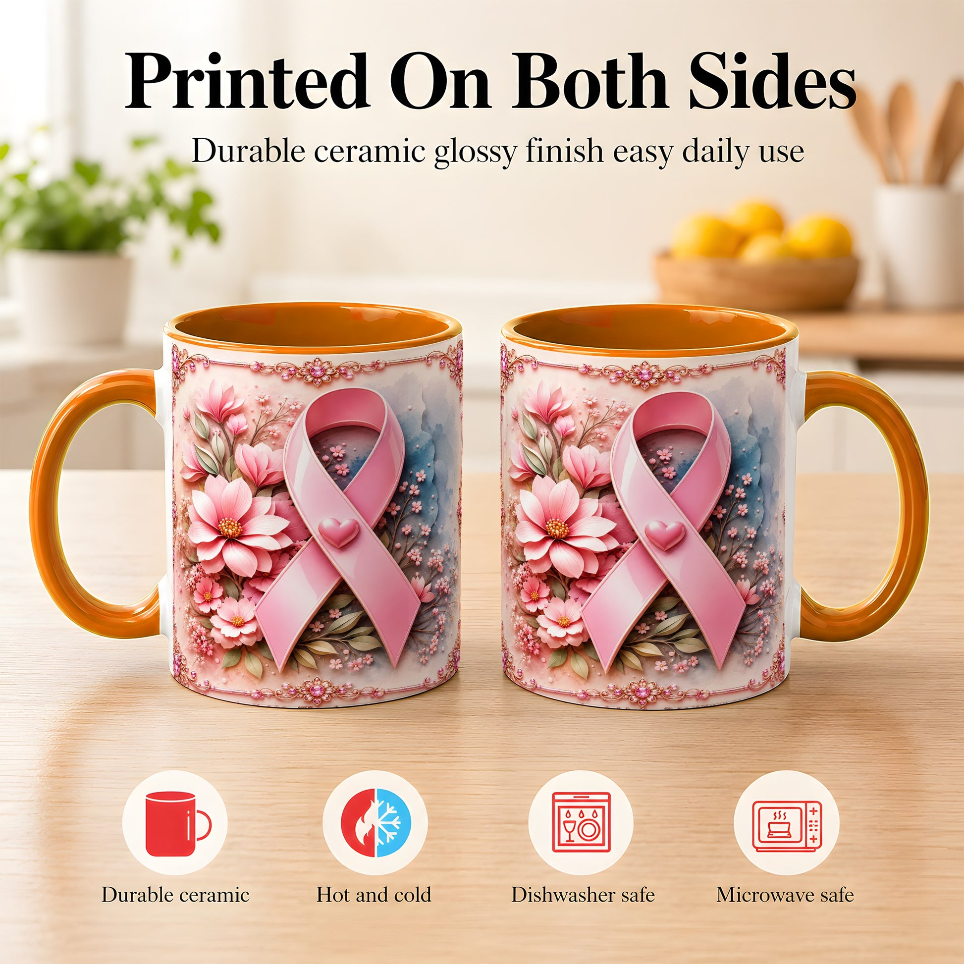 #pl[11oz|Orange] Breast Cancer Awareness Coffee Mug, Pink Ribbon Mug, Ceramic Cup