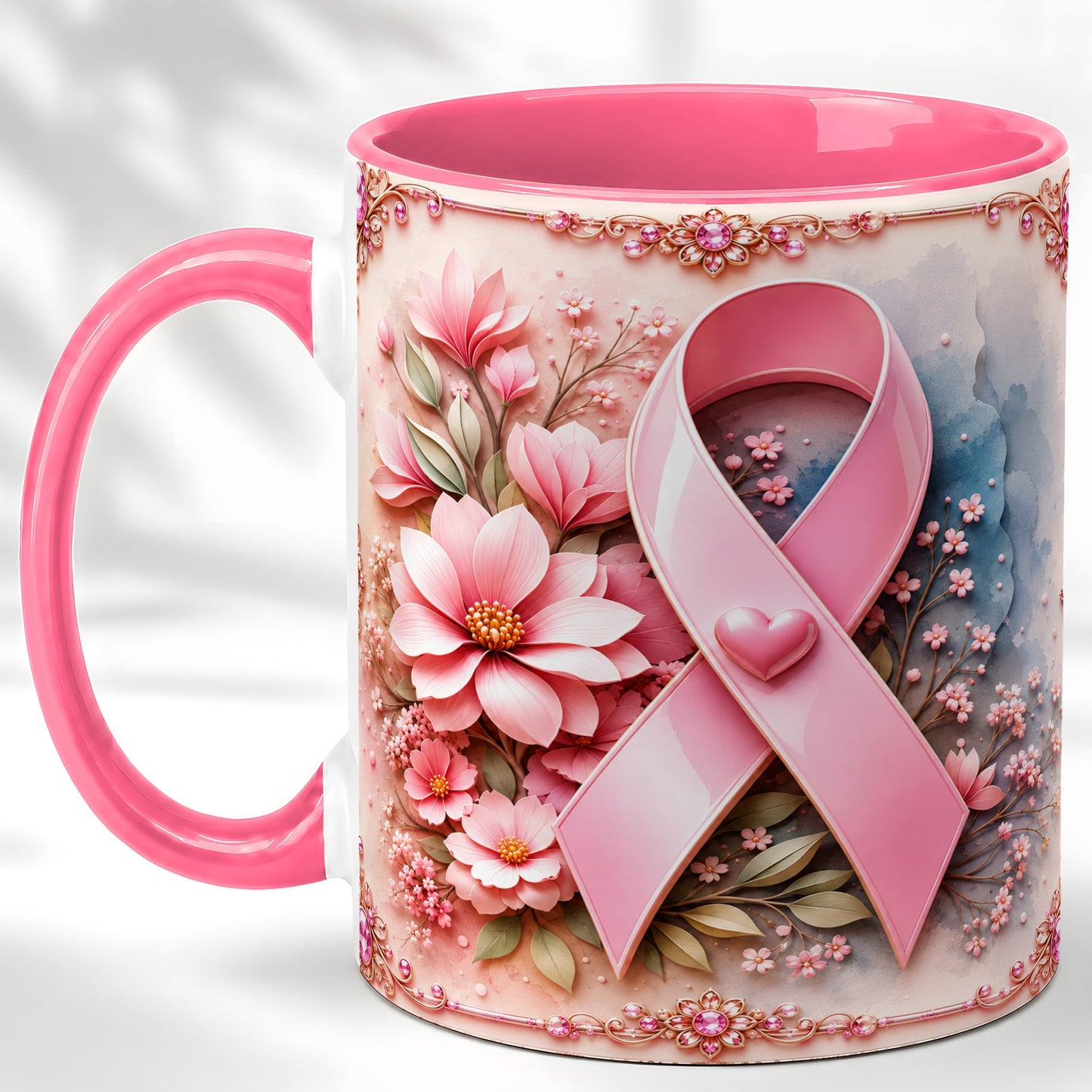 #pl[11oz|Pink] Breast Cancer Awareness Coffee Mug, Pink Ribbon Mug, Ceramic Cup