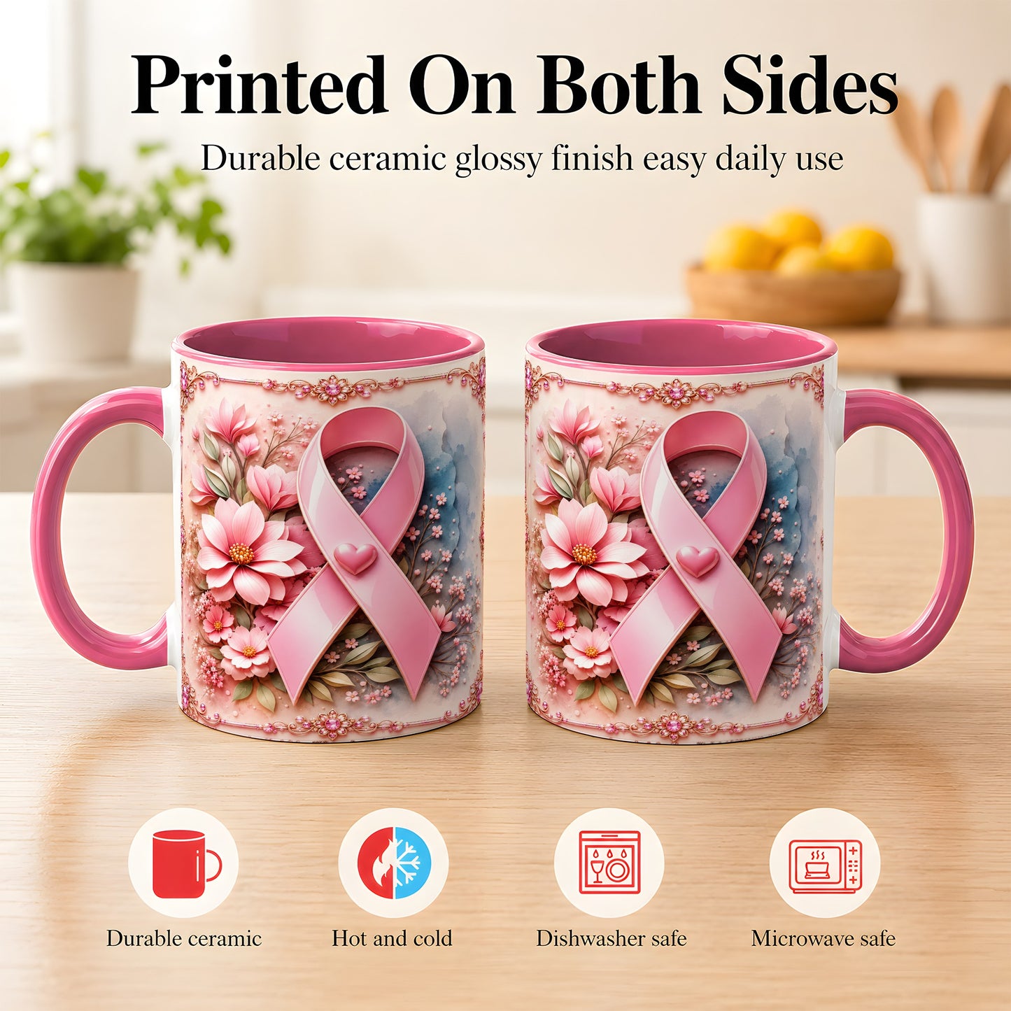 #pl[11oz|Pink] Breast Cancer Awareness Coffee Mug, Pink Ribbon Mug, Ceramic Cup