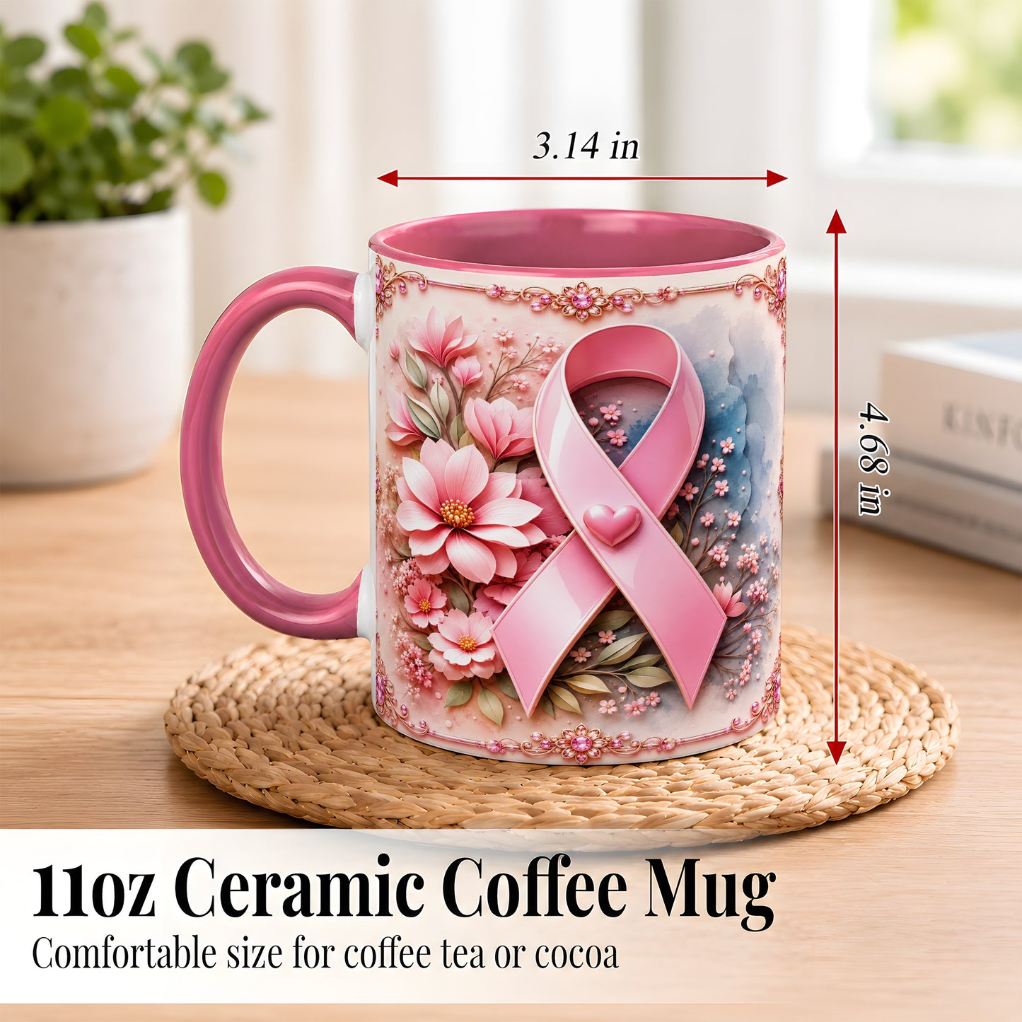 #pl[11oz|Pink] Breast Cancer Awareness Coffee Mug, Pink Ribbon Mug, Ceramic Cup