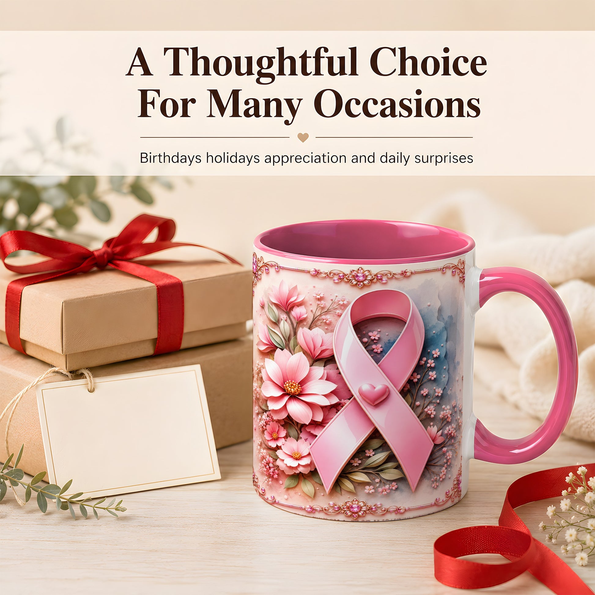 #pl[11oz|Pink] Breast Cancer Awareness Coffee Mug, Pink Ribbon Mug, Ceramic Cup