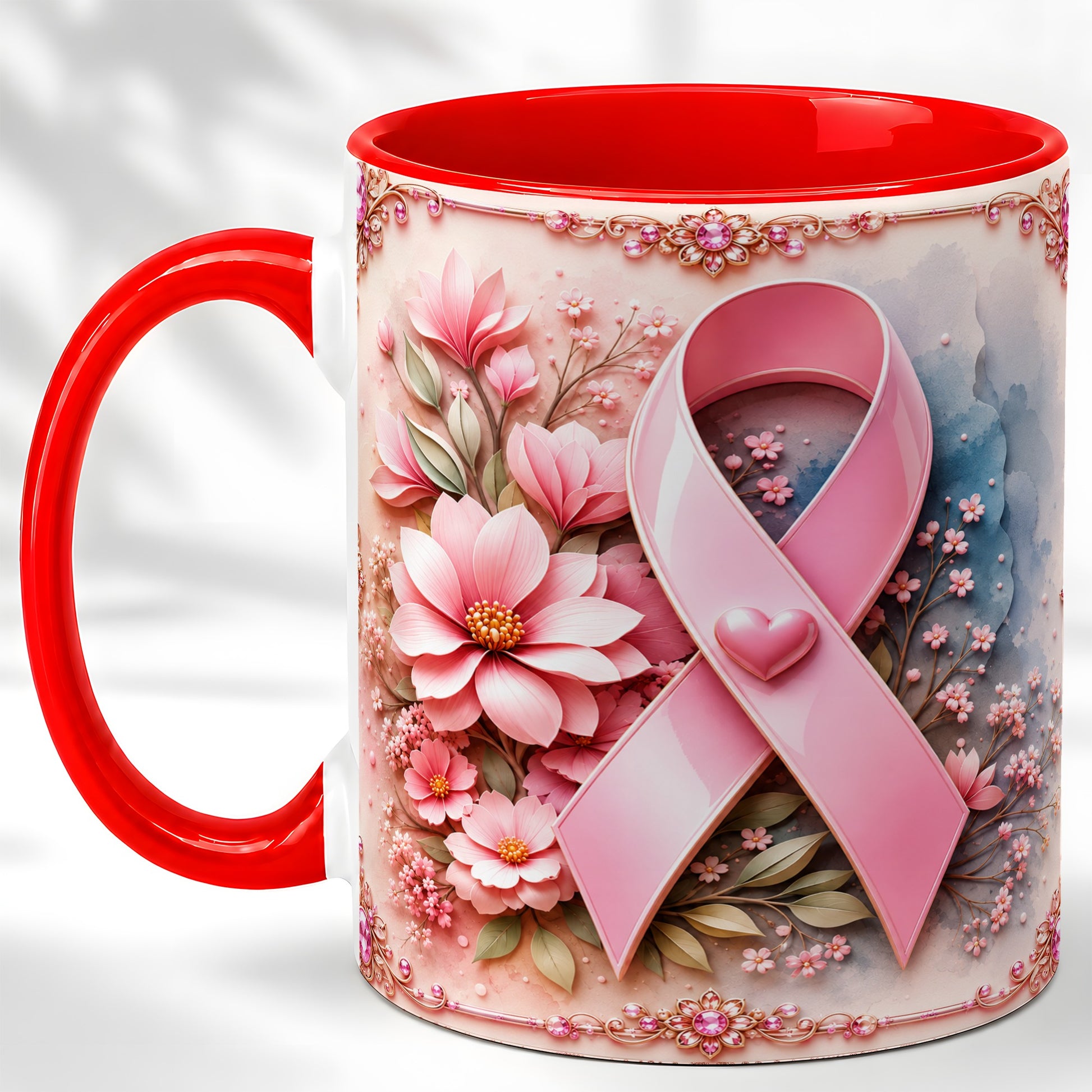 #pl[11oz|Red] Breast Cancer Awareness Coffee Mug, Pink Ribbon Mug, Ceramic Cup