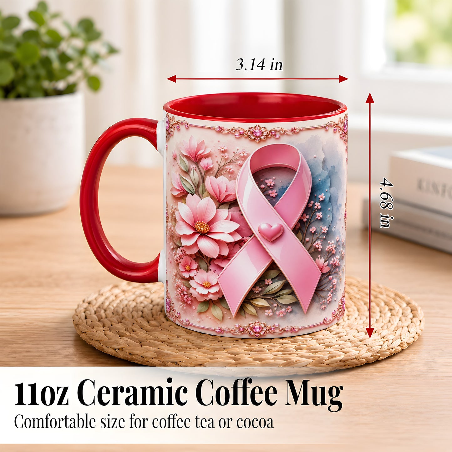 #pl[11oz|Red] Breast Cancer Awareness Coffee Mug, Pink Ribbon Mug, Ceramic Cup