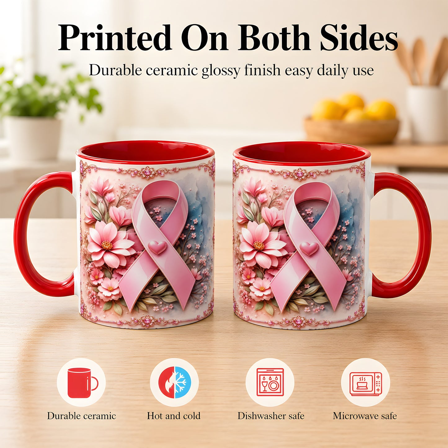 #pl[11oz|Red] Breast Cancer Awareness Coffee Mug, Pink Ribbon Mug, Ceramic Cup