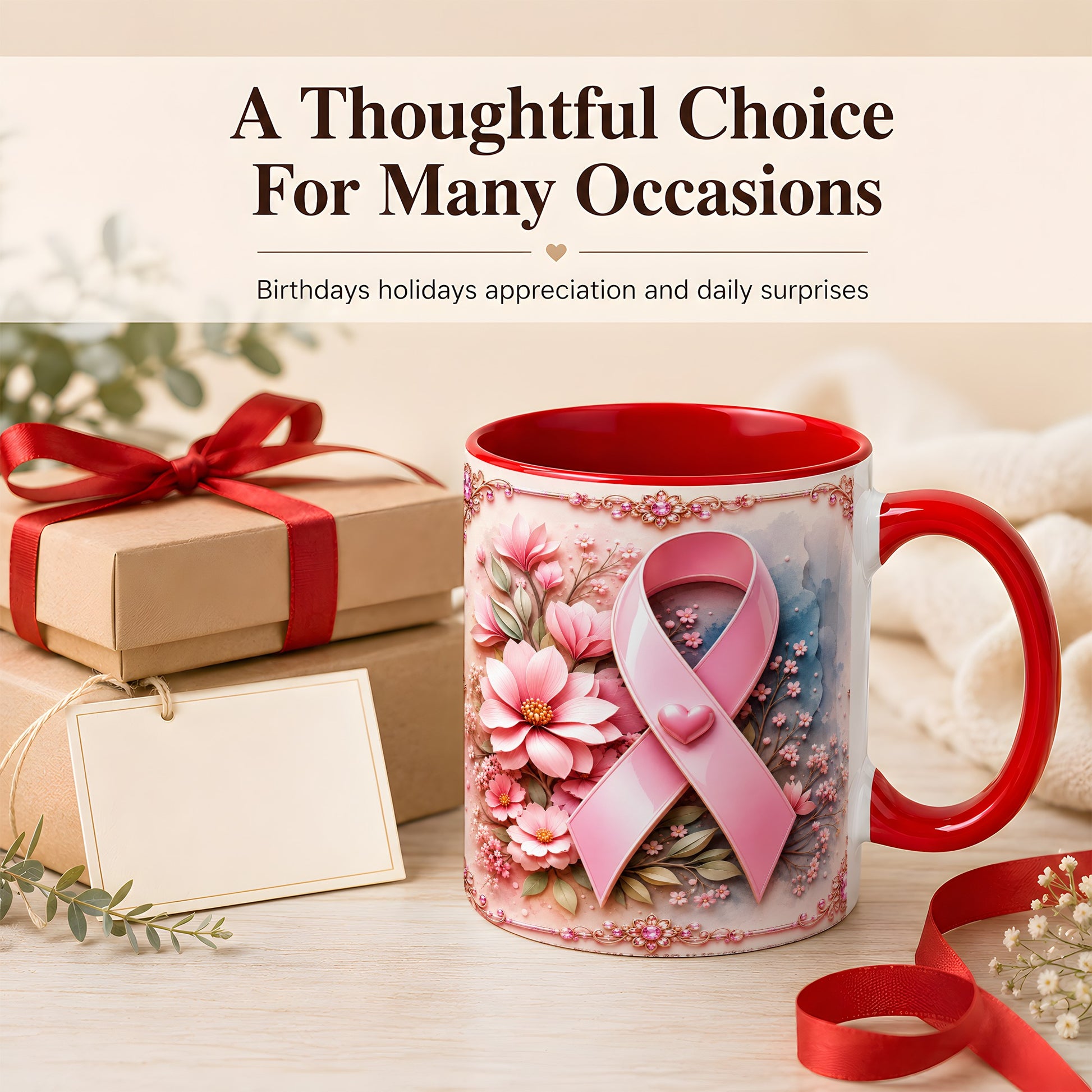 #pl[11oz|Red] Breast Cancer Awareness Coffee Mug, Pink Ribbon Mug, Ceramic Cup