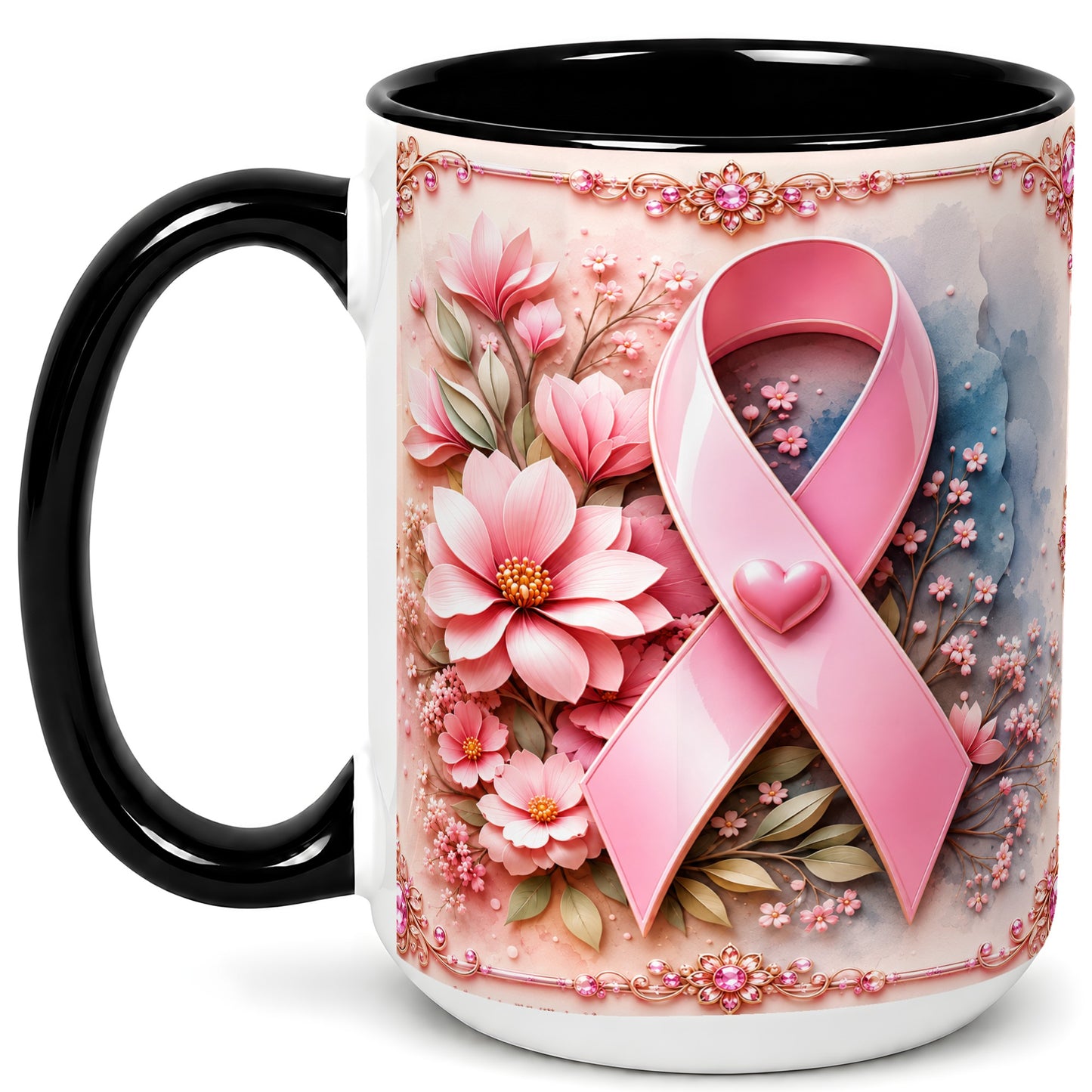 #pl[15oz|Black] Breast Cancer Awareness Coffee Mug, Pink Ribbon Mug, Ceramic Cup