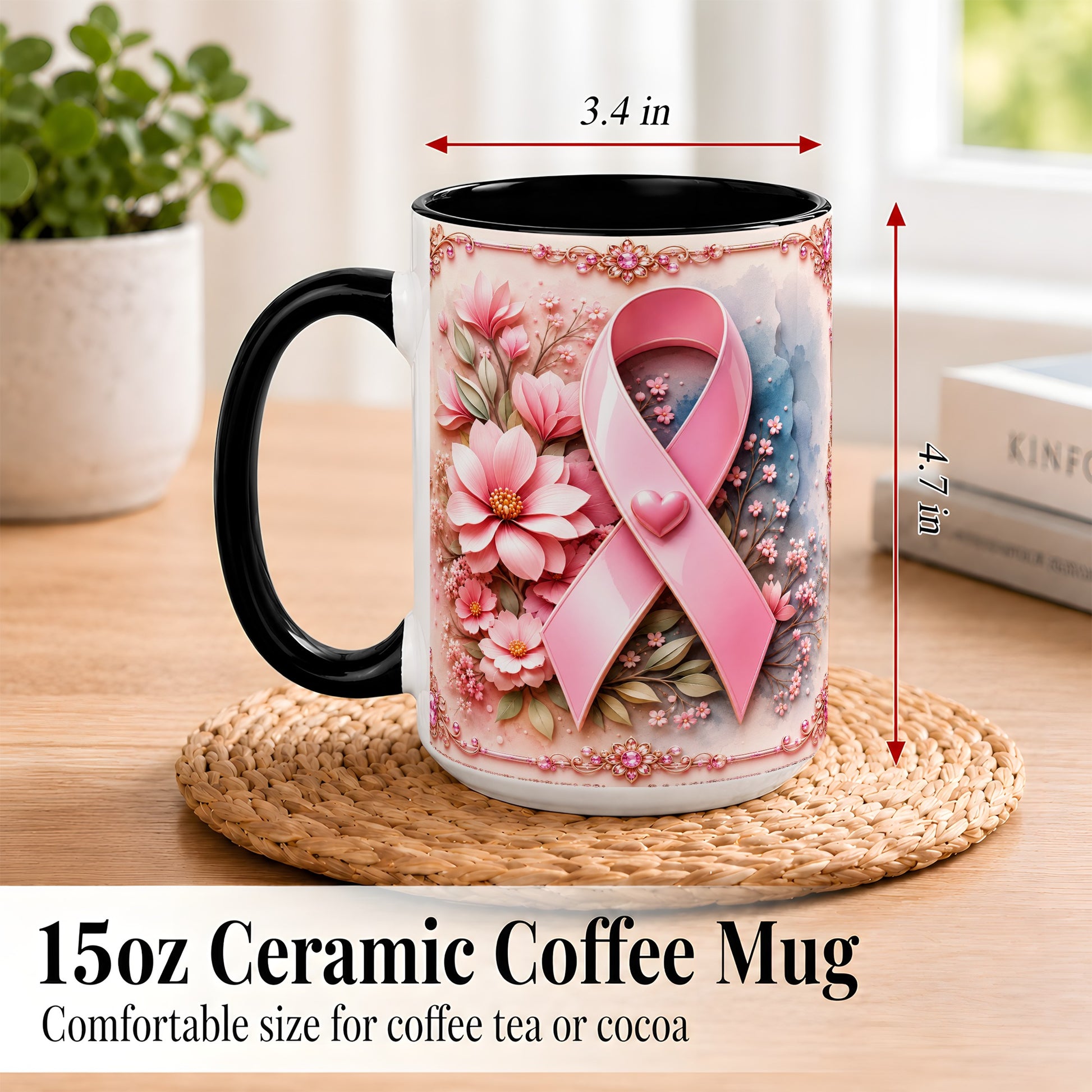 #pl[15oz|Black] Breast Cancer Awareness Coffee Mug, Pink Ribbon Mug, Ceramic Cup