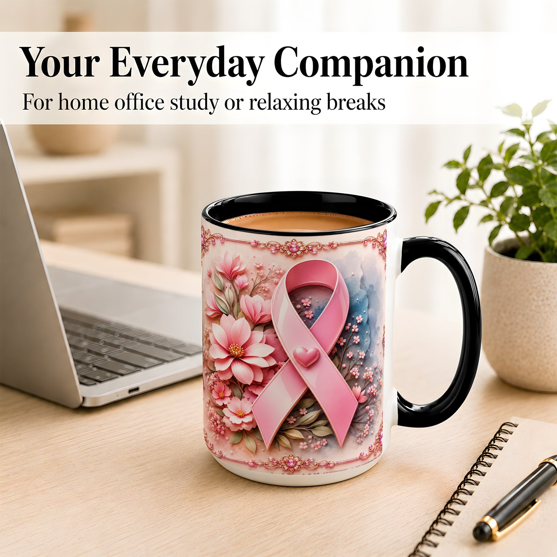 #pl[15oz|Black] Breast Cancer Awareness Coffee Mug, Pink Ribbon Mug, Ceramic Cup