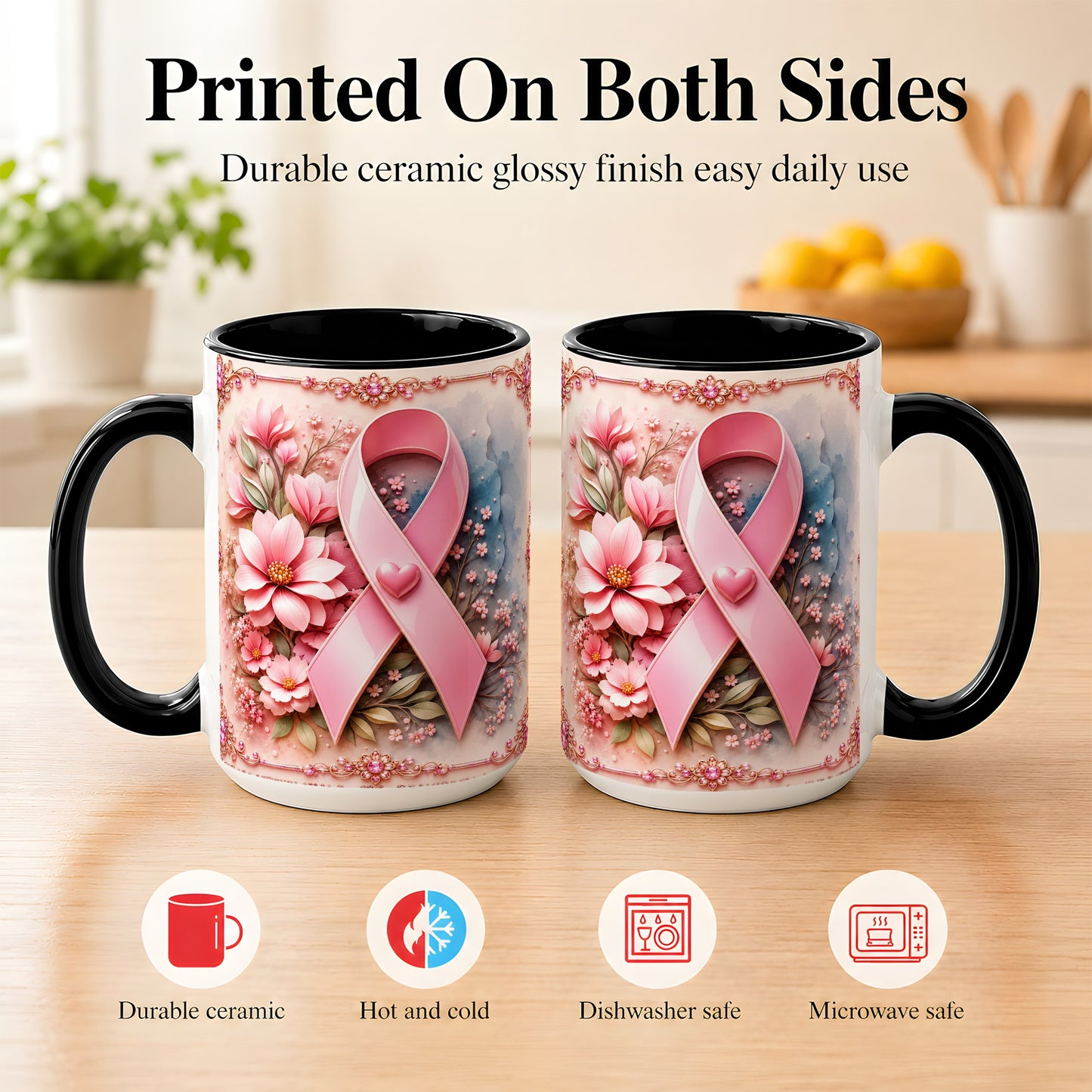 #pl[15oz|Black] Breast Cancer Awareness Coffee Mug, Pink Ribbon Mug, Ceramic Cup
