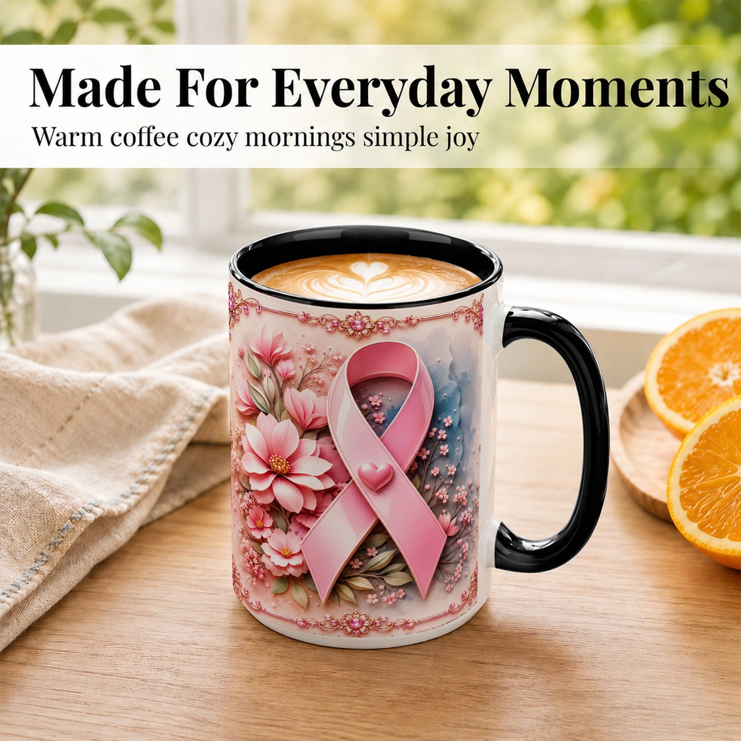 #pl[15oz|Black] Breast Cancer Awareness Coffee Mug, Pink Ribbon Mug, Ceramic Cup