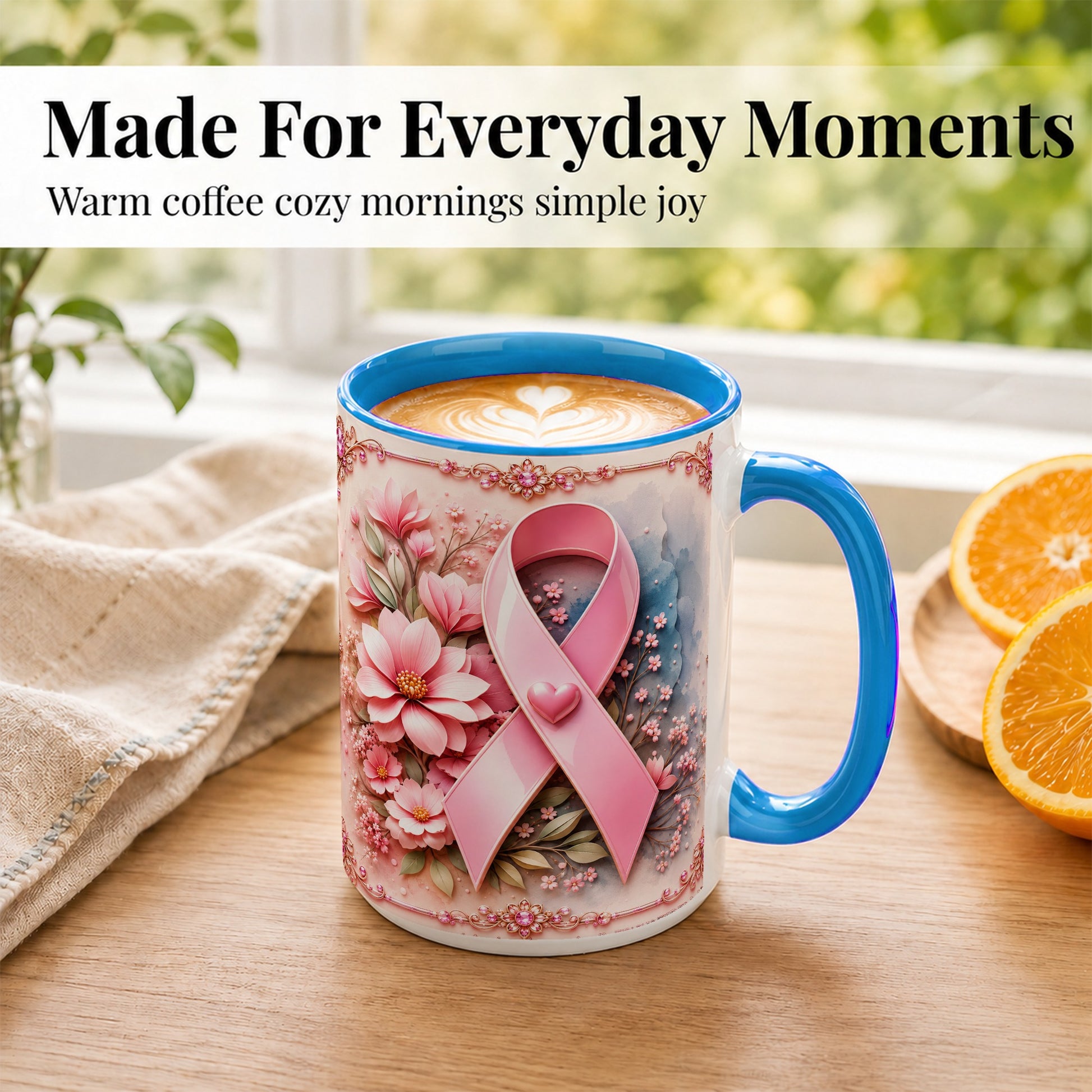 #pl[15oz|Blue] Breast Cancer Awareness Coffee Mug, Pink Ribbon Mug, Ceramic Cup