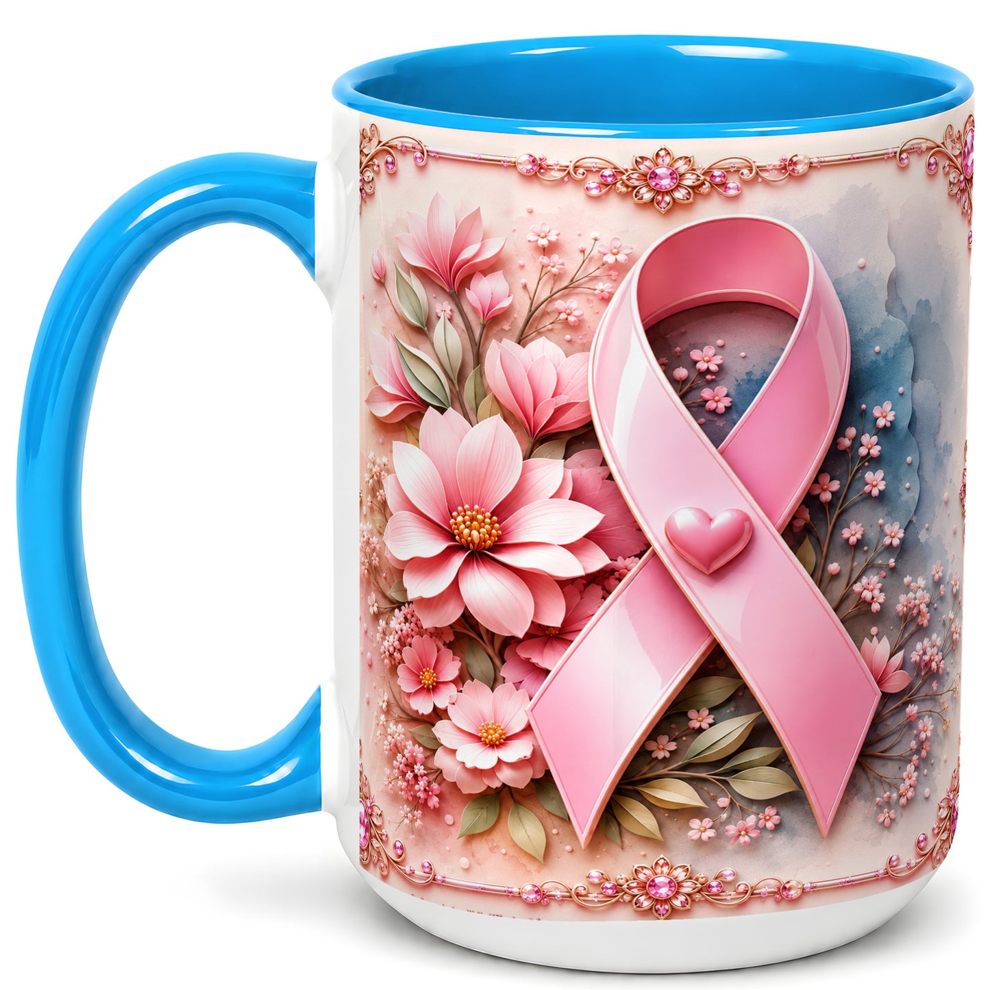 #pl[15oz|Blue] Breast Cancer Awareness Coffee Mug, Pink Ribbon Mug, Ceramic Cup
