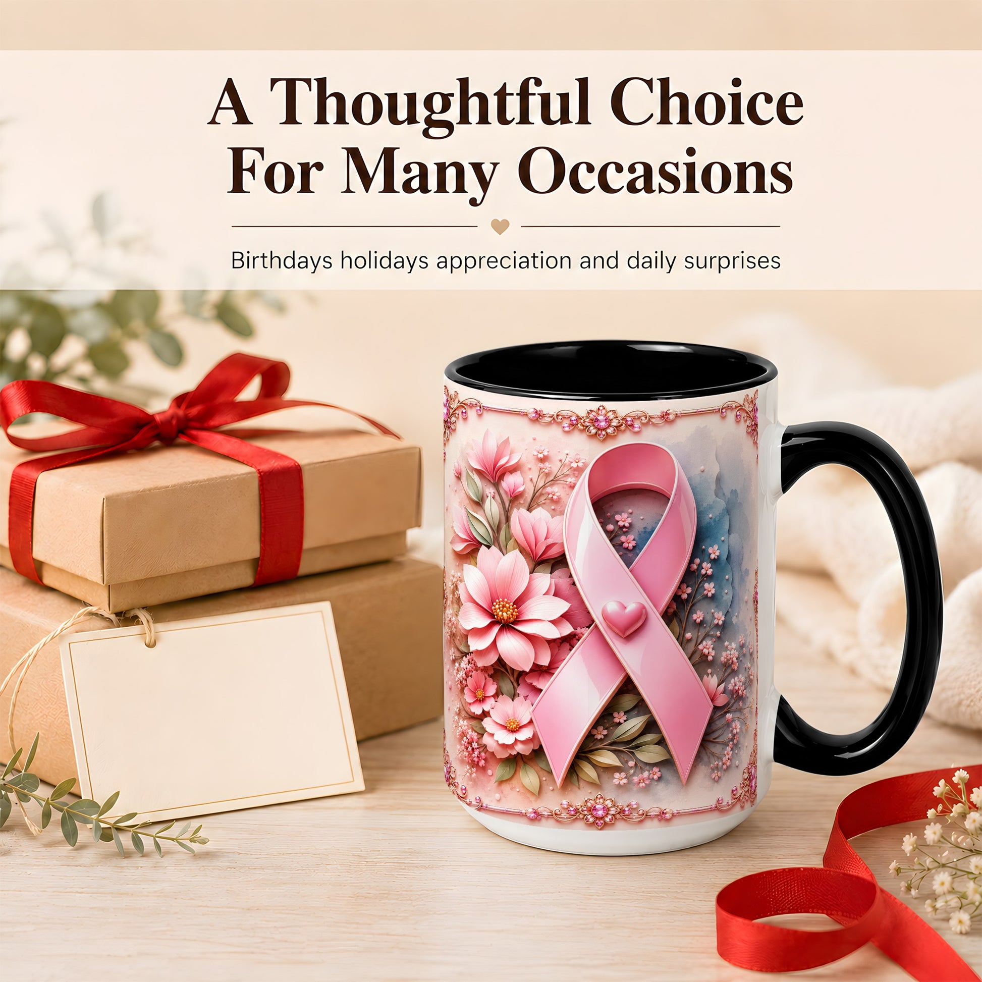 #pl[15oz|Black] Breast Cancer Awareness Coffee Mug, Pink Ribbon Mug, Ceramic Cup