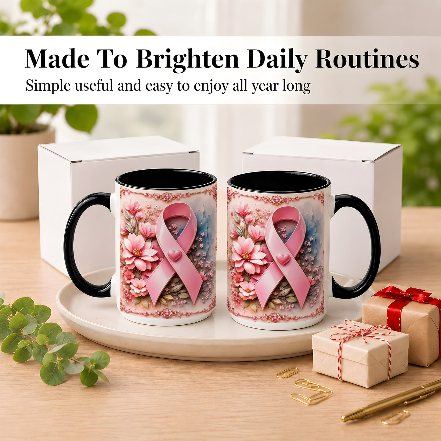 #pl[15oz|Black] Breast Cancer Awareness Coffee Mug, Pink Ribbon Mug, Ceramic Cup