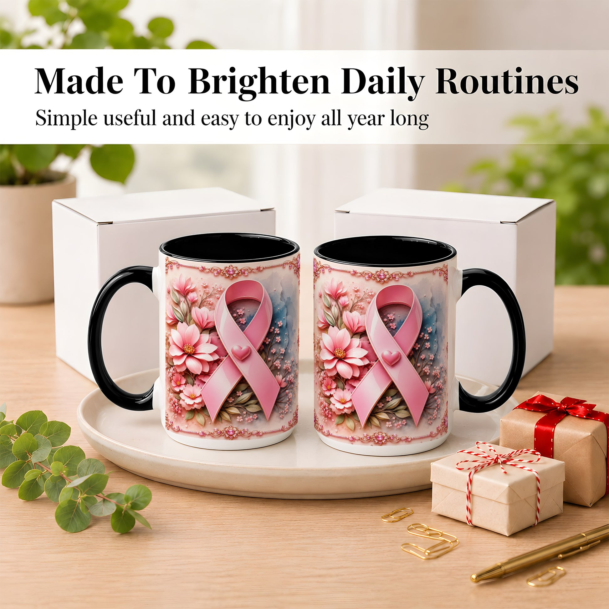#pl[15oz|Black] Breast Cancer Awareness Coffee Mug, Pink Ribbon Mug, Ceramic Cup