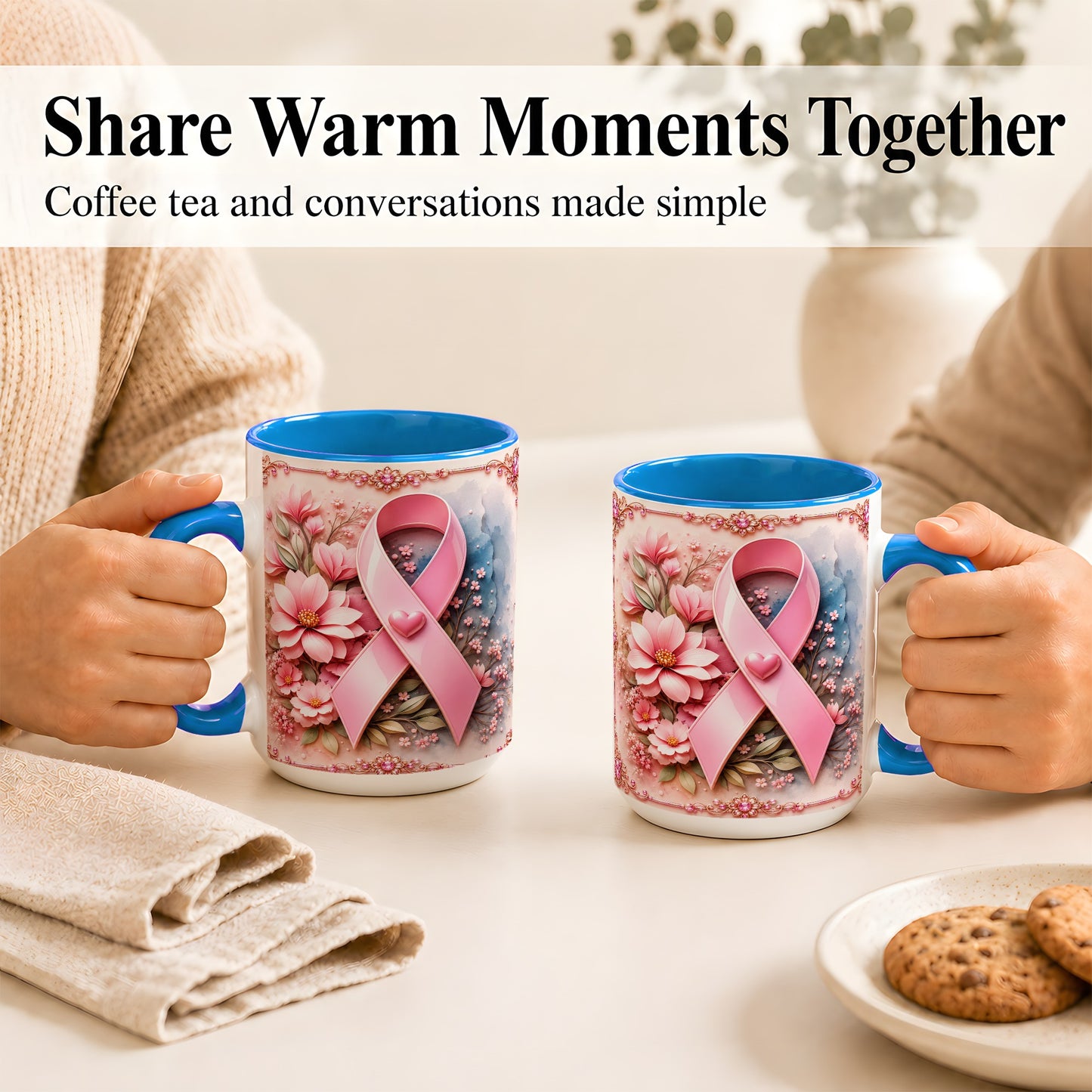 #pl[15oz|Blue] Breast Cancer Awareness Coffee Mug, Pink Ribbon Mug, Ceramic Cup