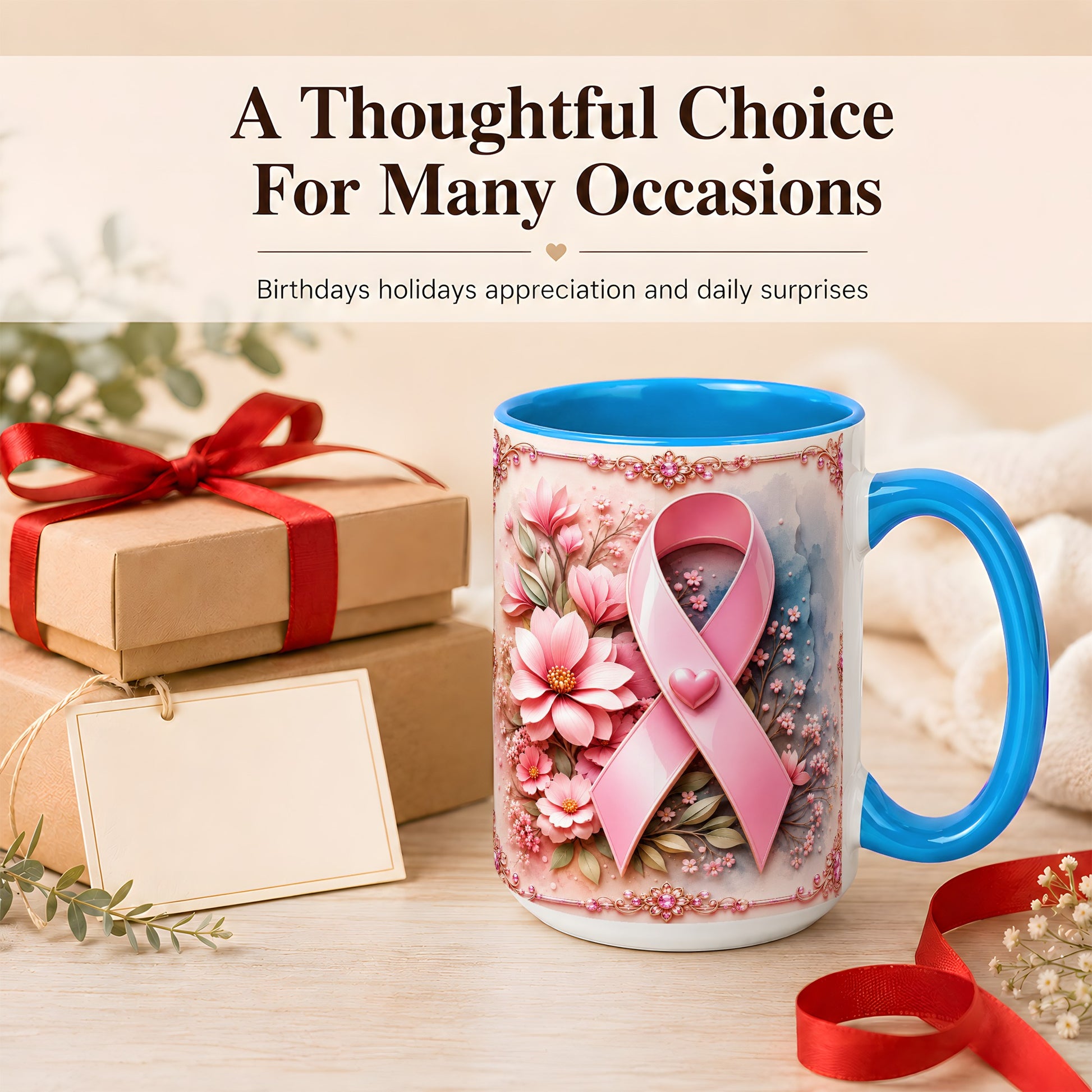 #pl[15oz|Blue] Breast Cancer Awareness Coffee Mug, Pink Ribbon Mug, Ceramic Cup