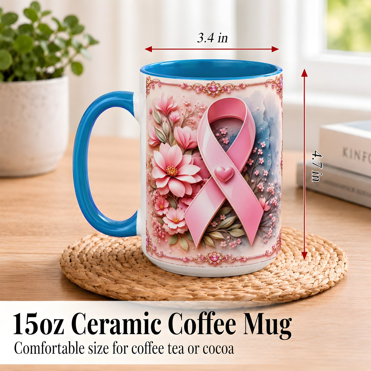 #pl[15oz|Blue] Breast Cancer Awareness Coffee Mug, Pink Ribbon Mug, Ceramic Cup