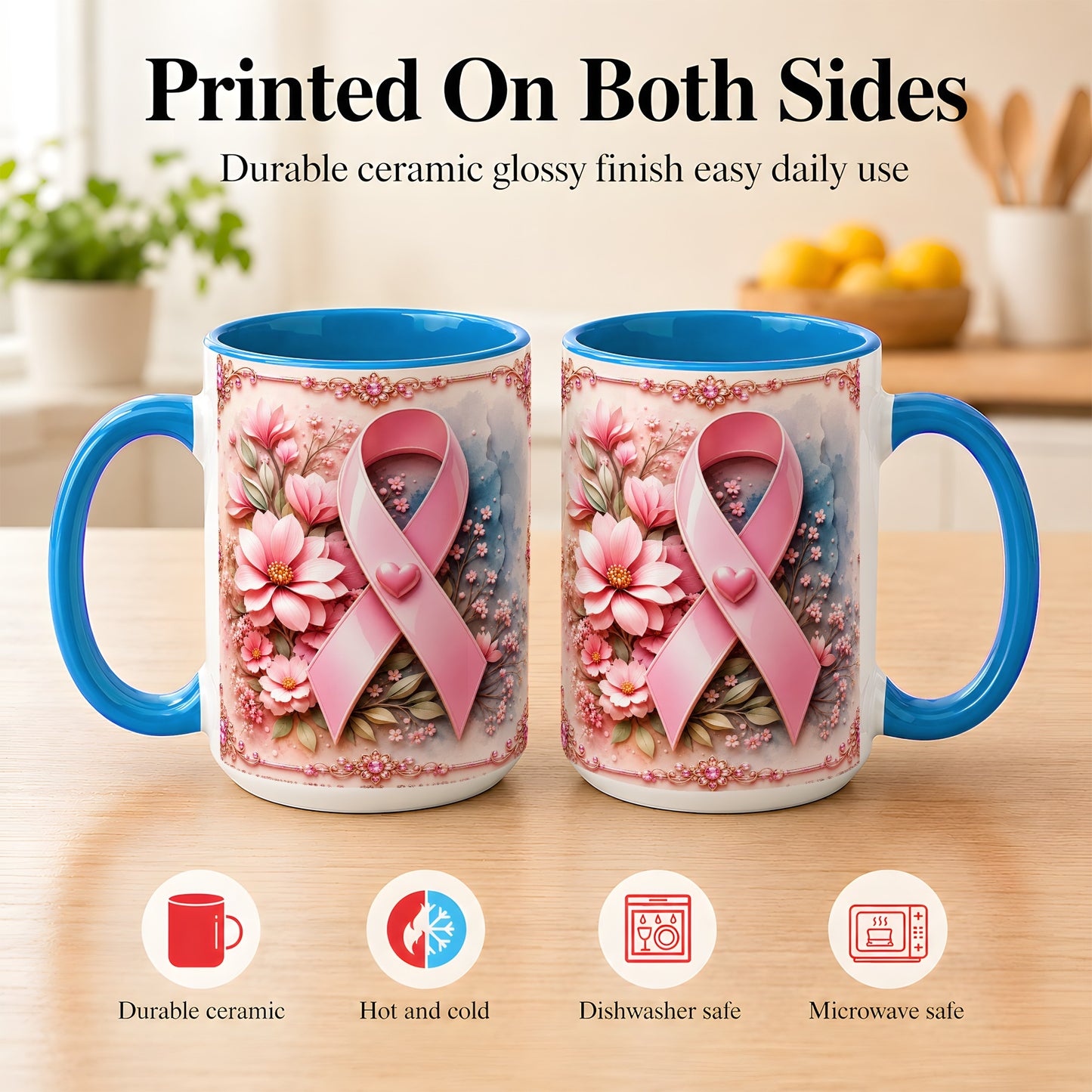 #pl[15oz|Blue] Breast Cancer Awareness Coffee Mug, Pink Ribbon Mug, Ceramic Cup