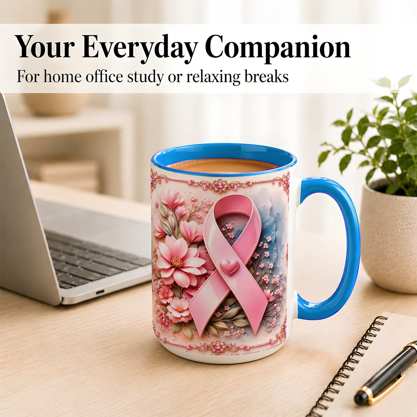 #pl[15oz|Blue] Breast Cancer Awareness Coffee Mug, Pink Ribbon Mug, Ceramic Cup