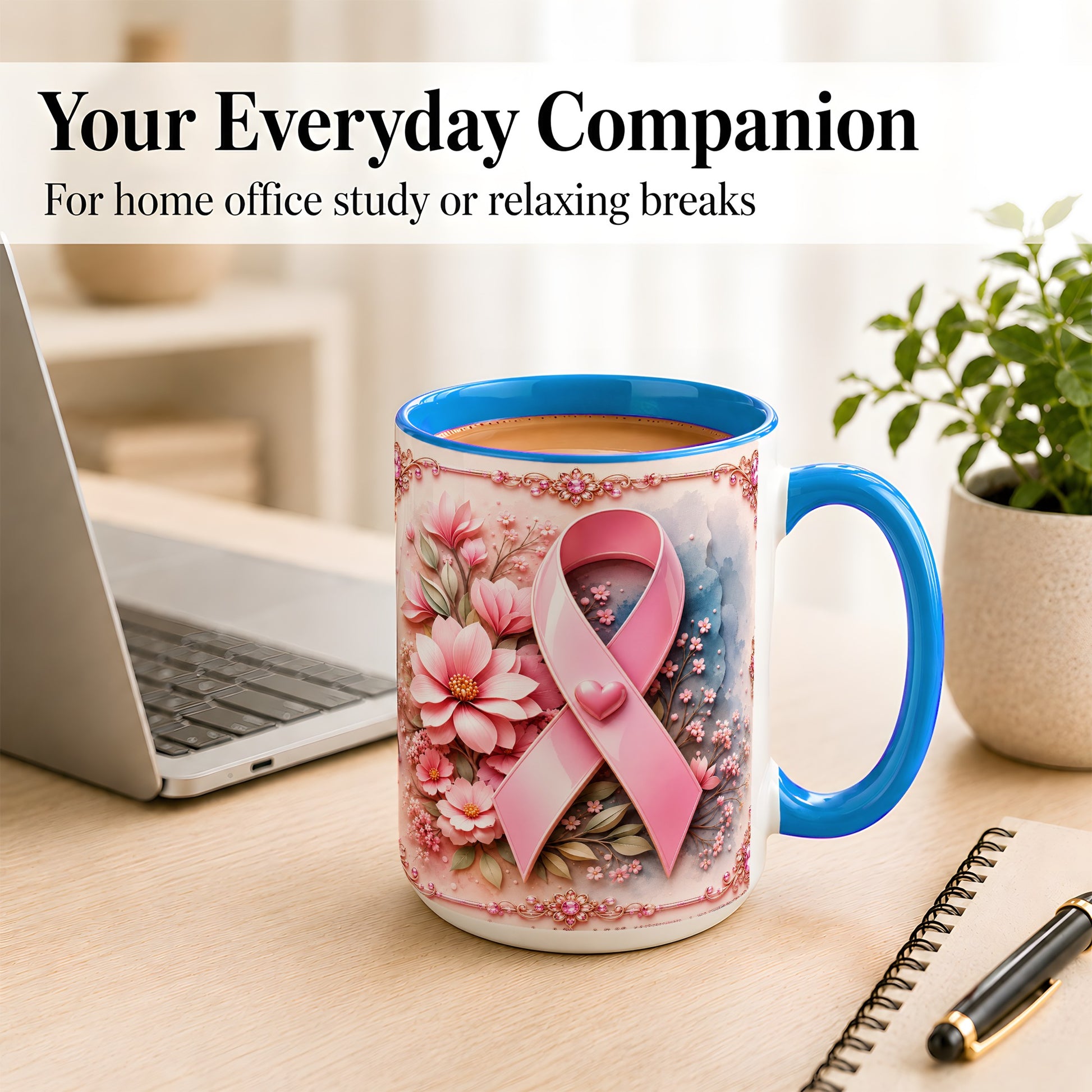 #pl[15oz|Blue] Breast Cancer Awareness Coffee Mug, Pink Ribbon Mug, Ceramic Cup