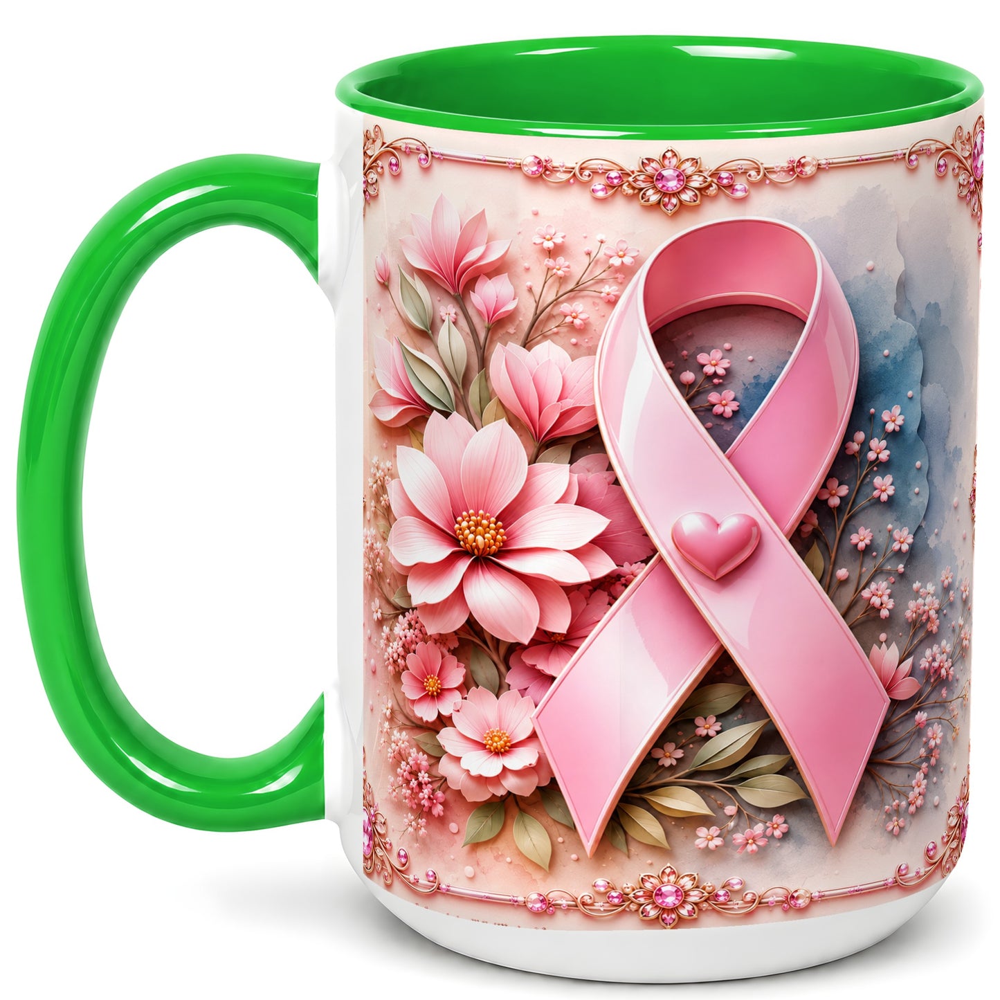 #pl[15oz|Green] Breast Cancer Awareness Coffee Mug, Pink Ribbon Mug, Ceramic Cup
