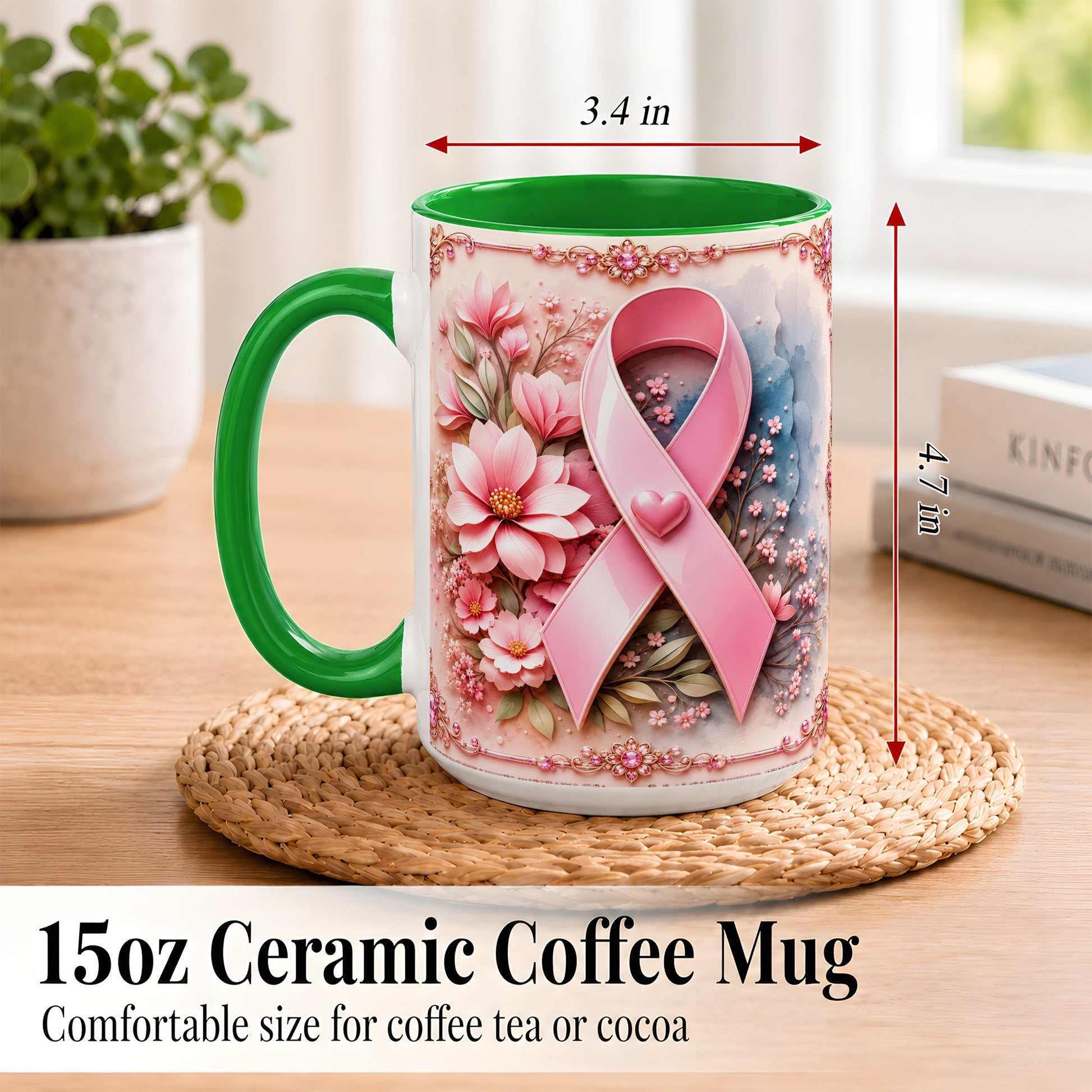 #pl[15oz|Green] Breast Cancer Awareness Coffee Mug, Pink Ribbon Mug, Ceramic Cup