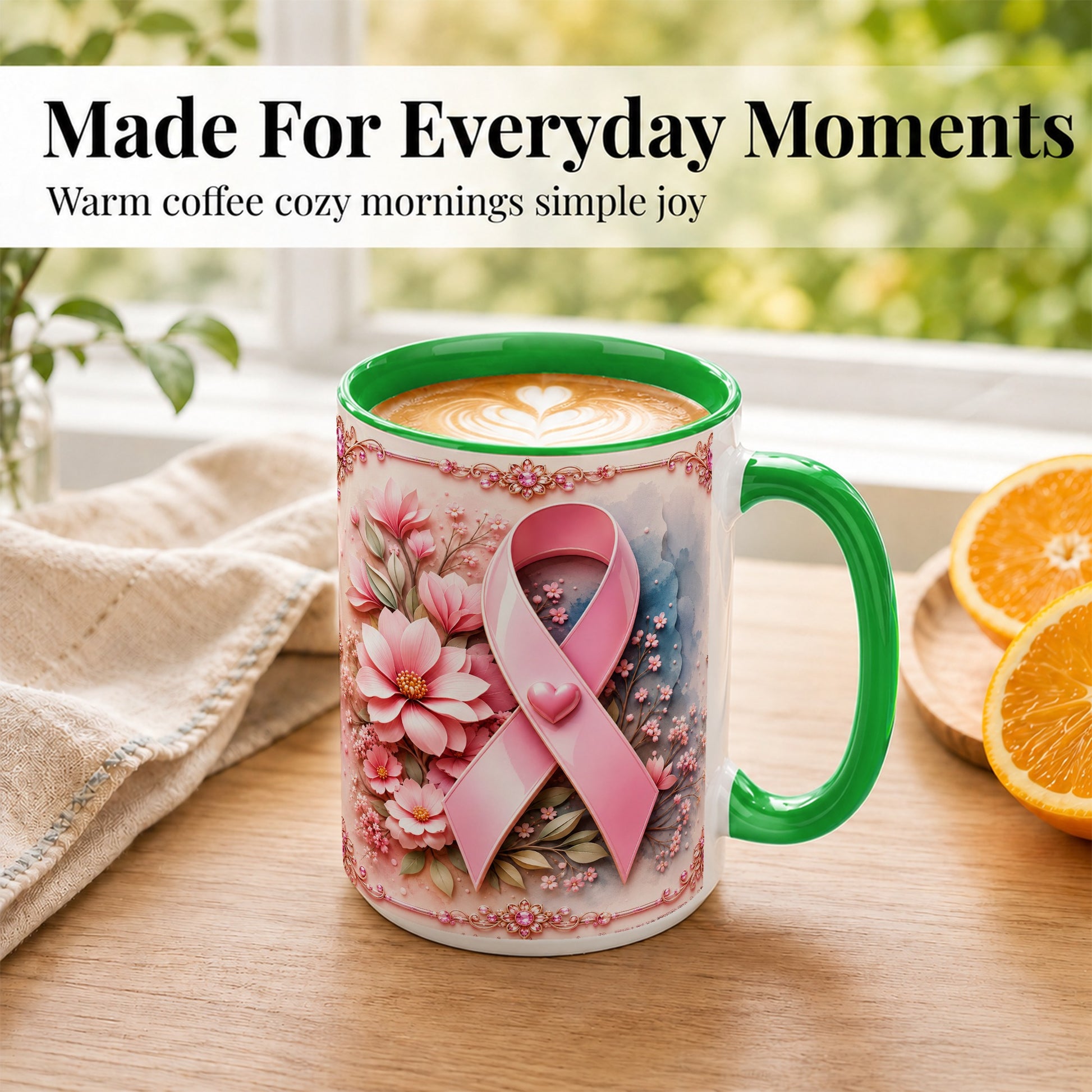 #pl[15oz|Green] Breast Cancer Awareness Coffee Mug, Pink Ribbon Mug, Ceramic Cup