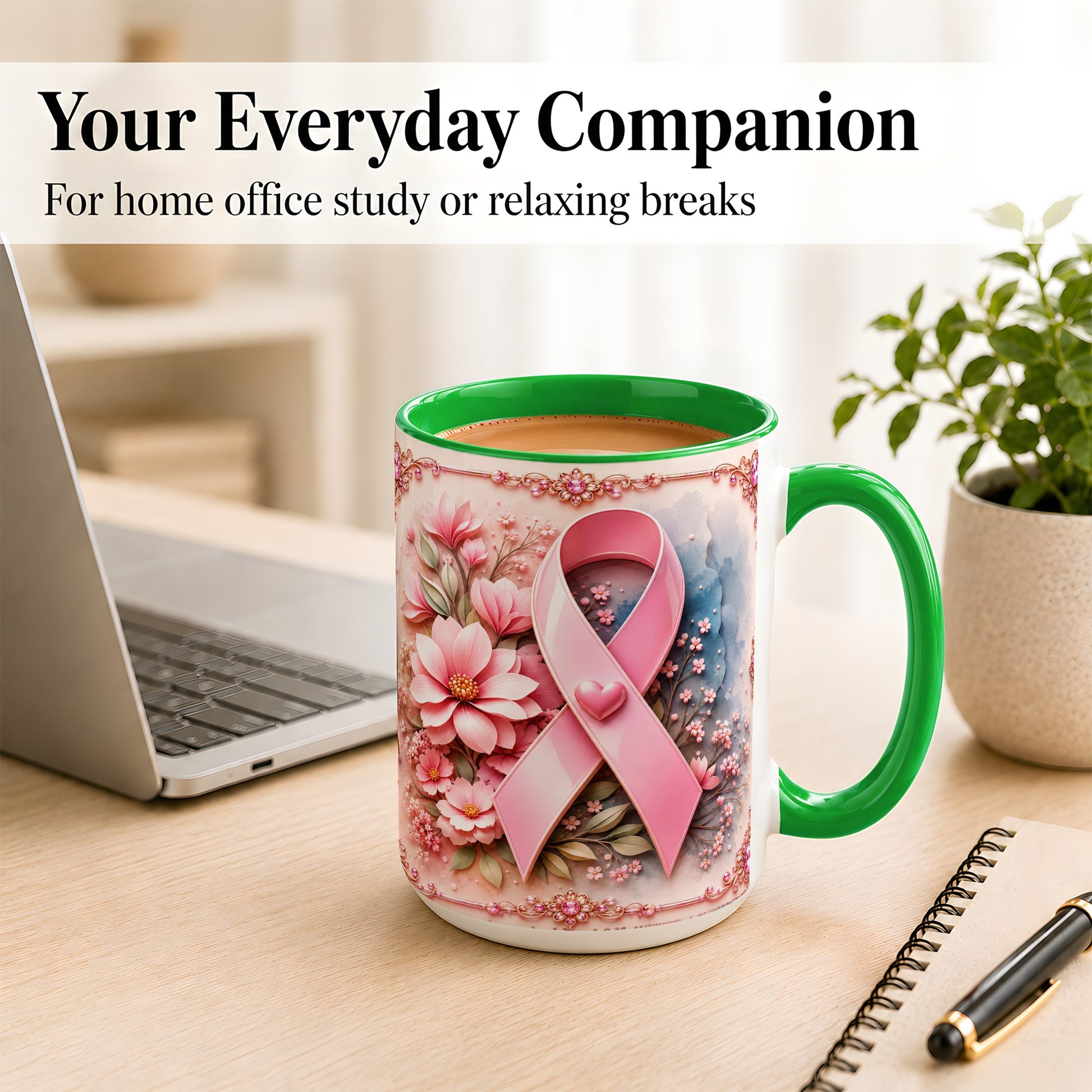 #pl[15oz|Green] Breast Cancer Awareness Coffee Mug, Pink Ribbon Mug, Ceramic Cup