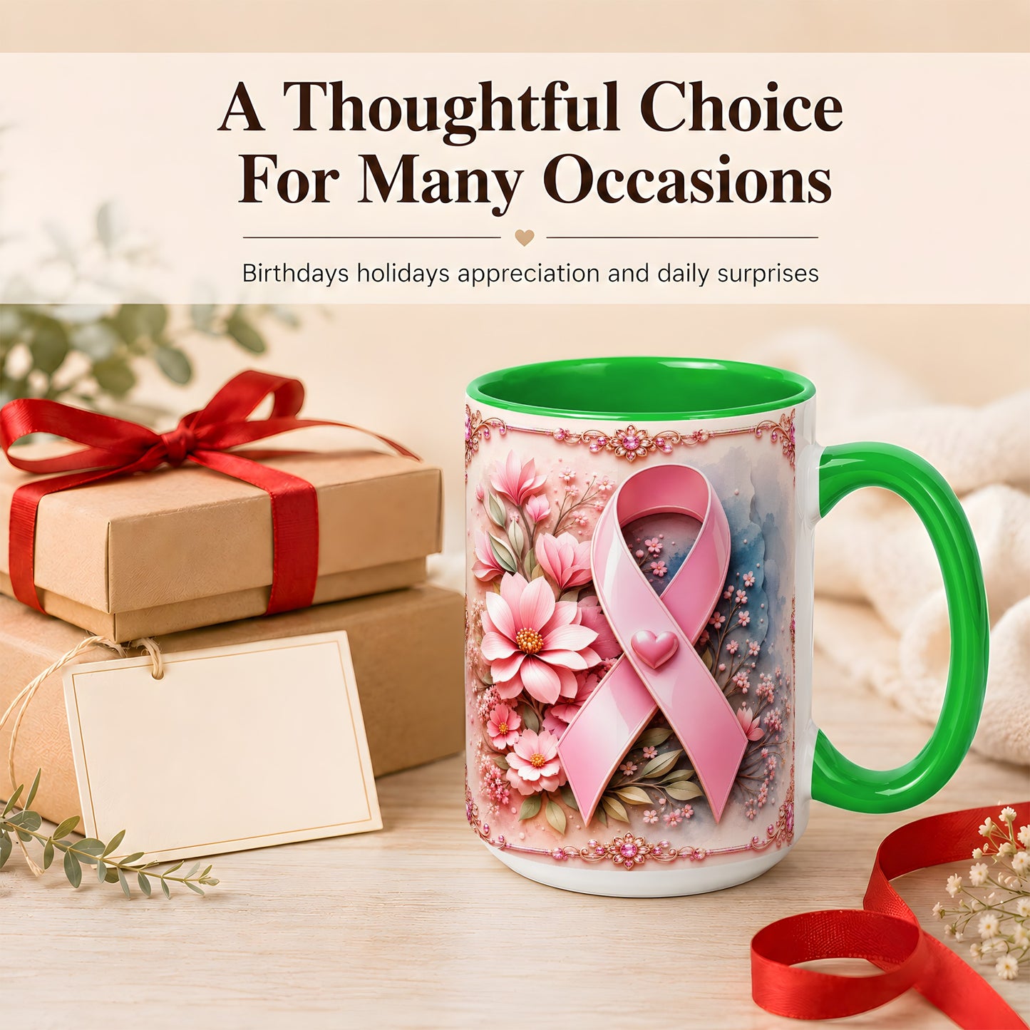 #pl[15oz|Green] Breast Cancer Awareness Coffee Mug, Pink Ribbon Mug, Ceramic Cup