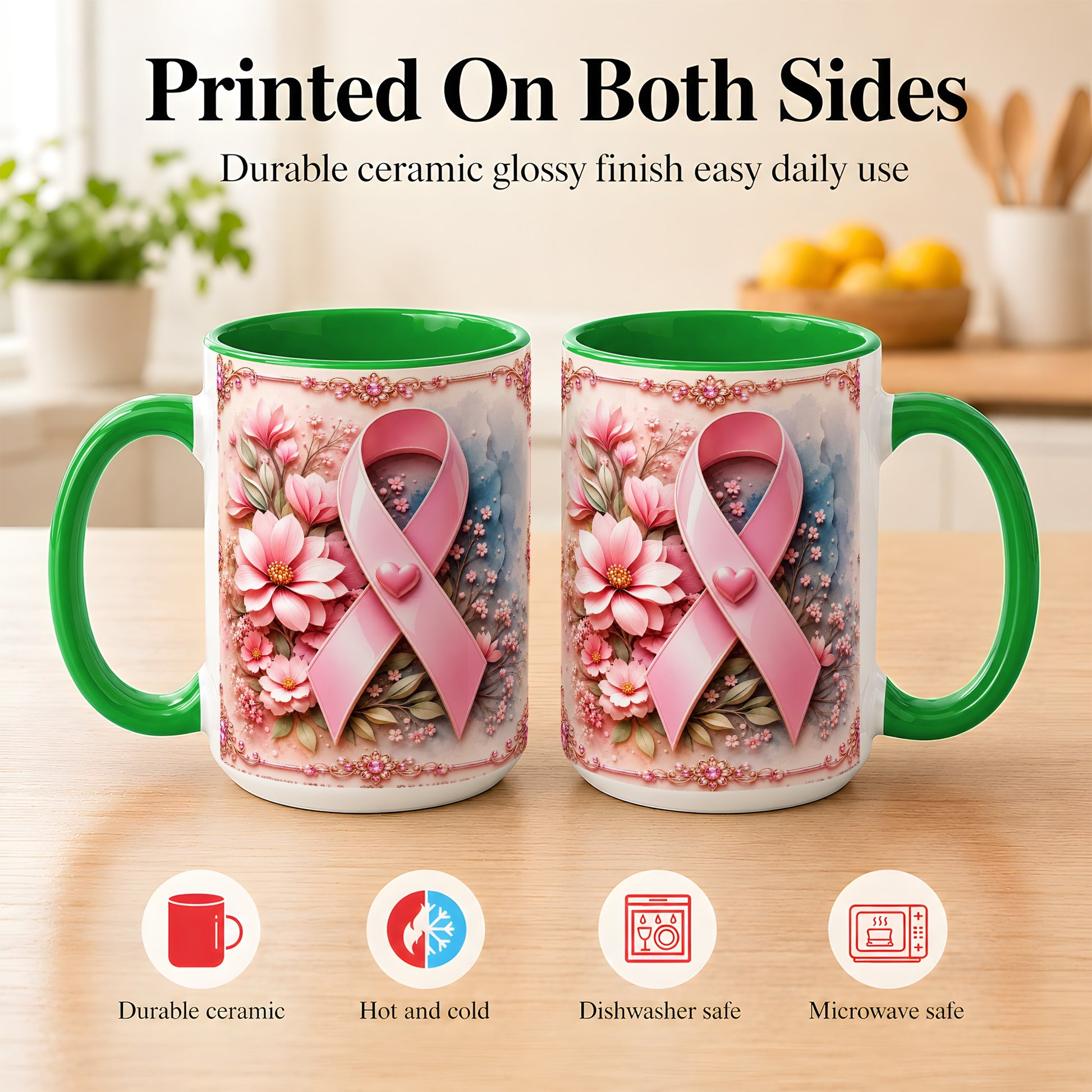 #pl[15oz|Green] Breast Cancer Awareness Coffee Mug, Pink Ribbon Mug, Ceramic Cup
