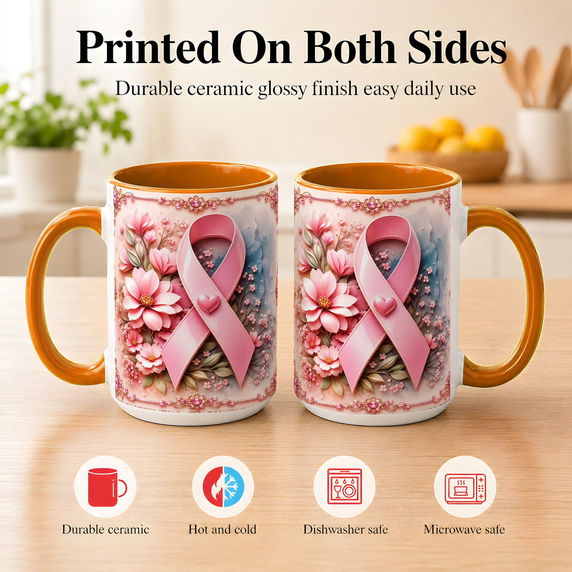 #pl[15oz|Orange] Breast Cancer Awareness Coffee Mug, Pink Ribbon Mug, Ceramic Cup