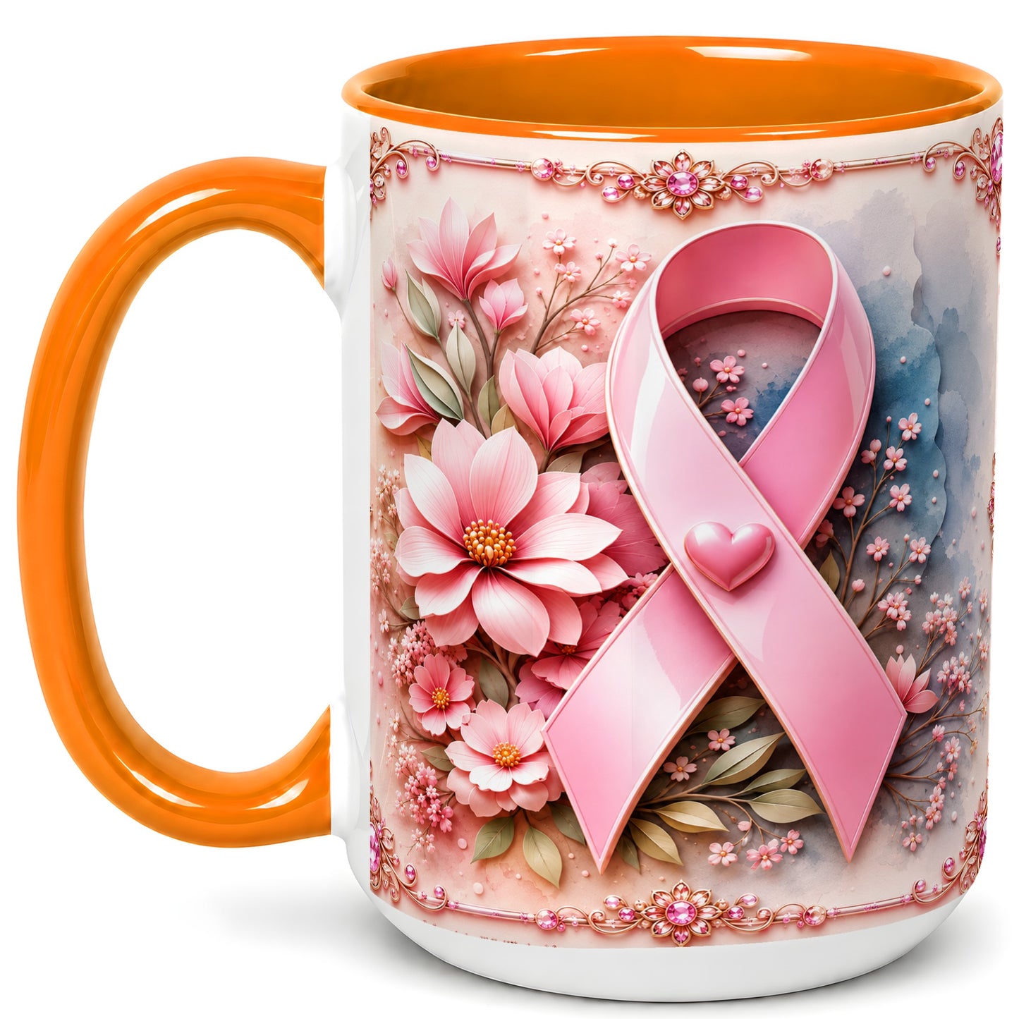 #pl[15oz|Orange] Breast Cancer Awareness Coffee Mug, Pink Ribbon Mug, Ceramic Cup