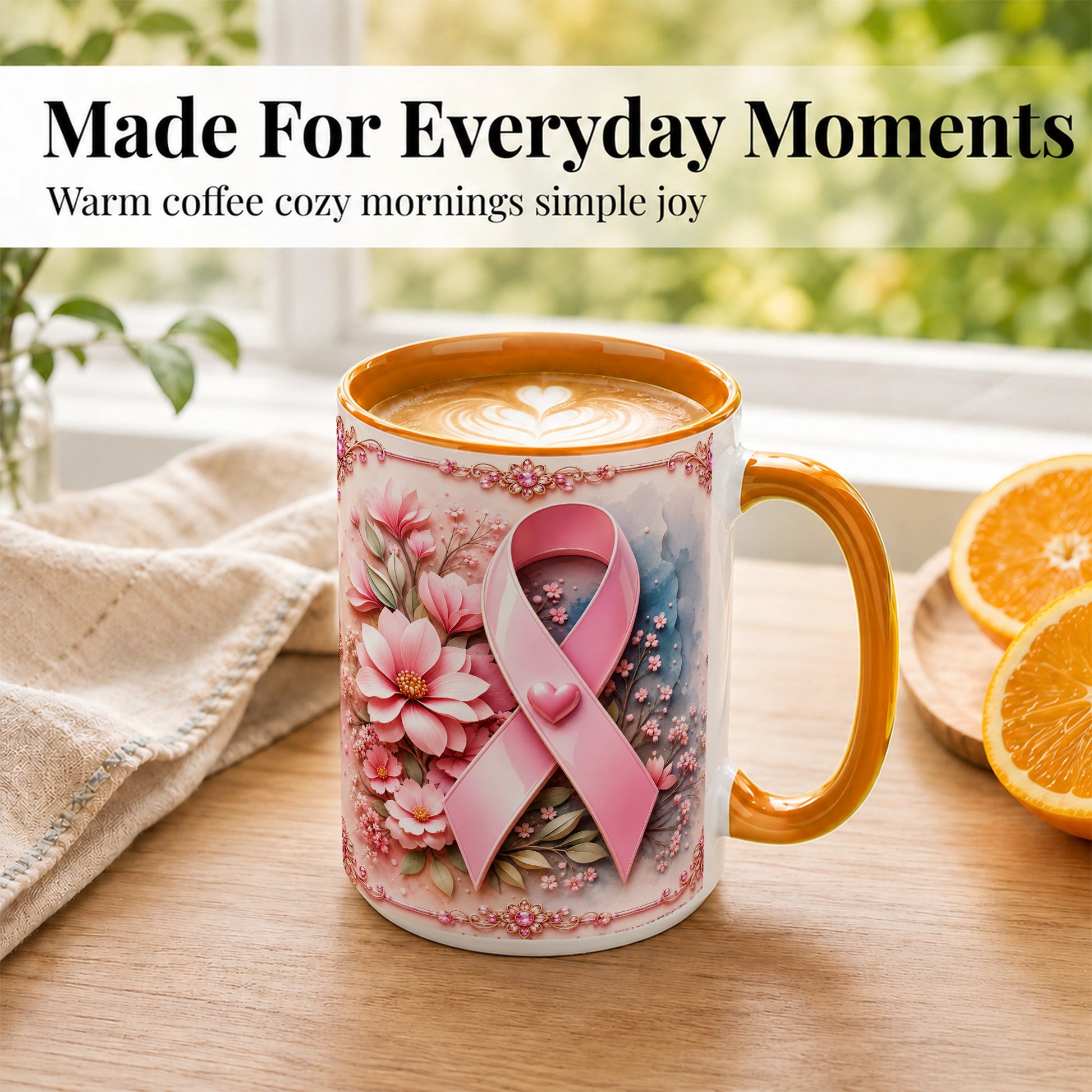 #pl[15oz|Orange] Breast Cancer Awareness Coffee Mug, Pink Ribbon Mug, Ceramic Cup