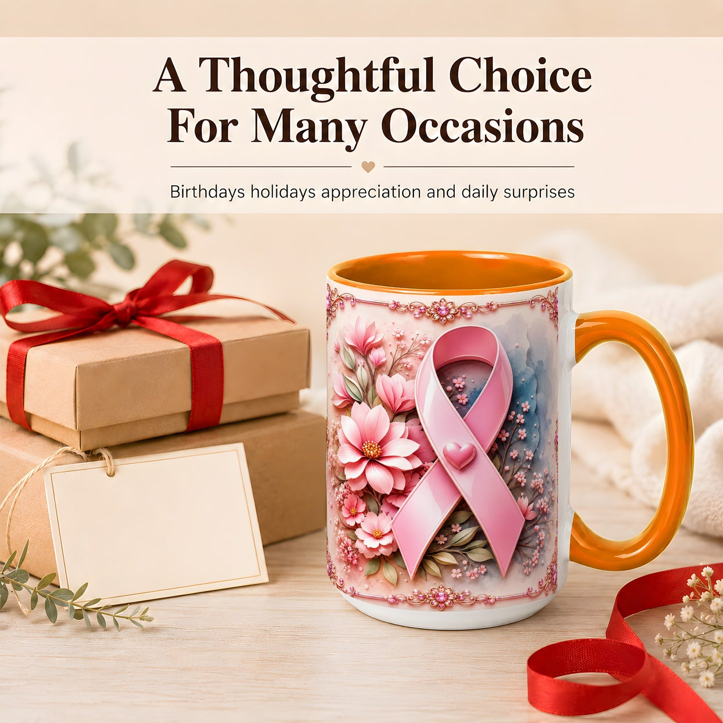 #pl[15oz|Orange] Breast Cancer Awareness Coffee Mug, Pink Ribbon Mug, Ceramic Cup