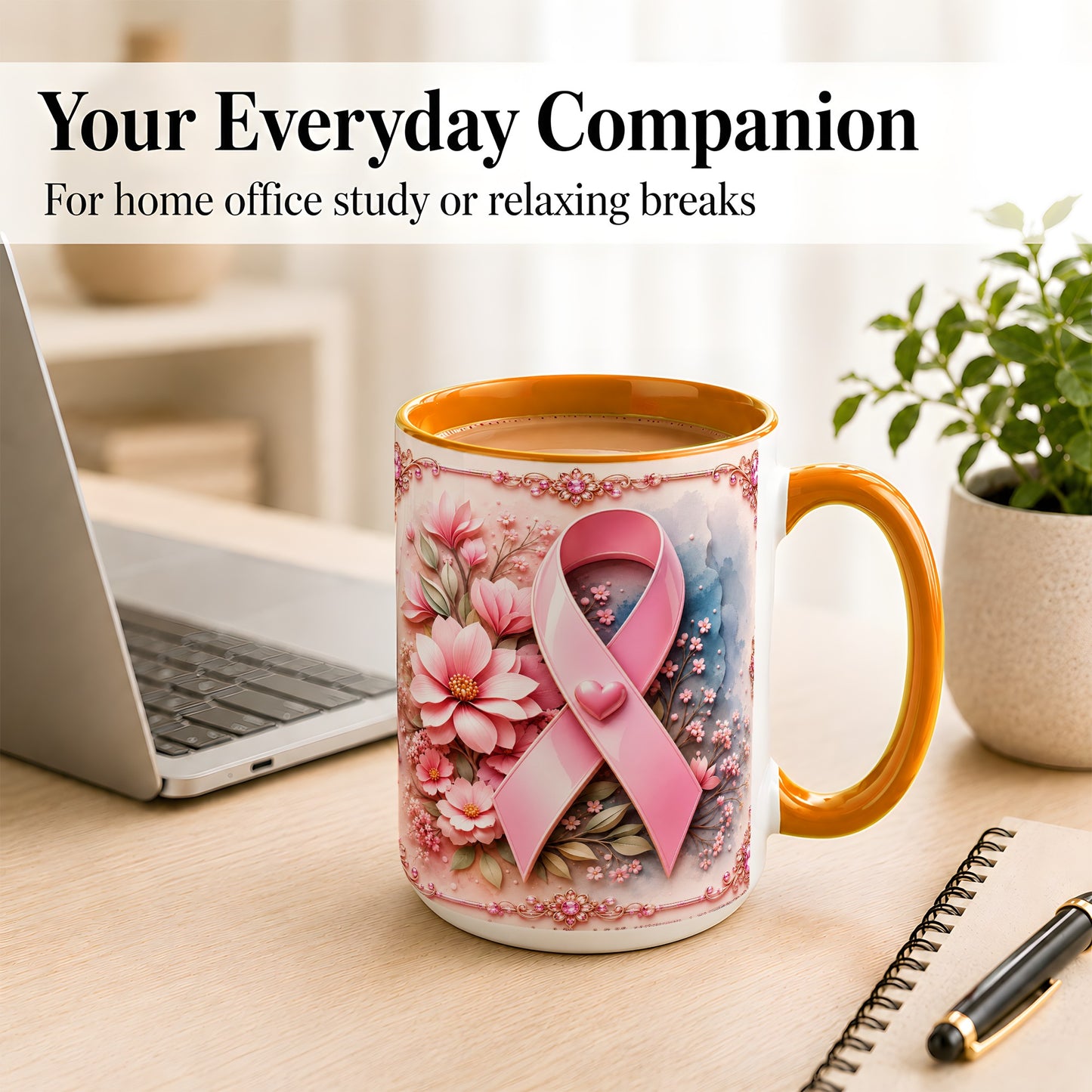 #pl[15oz|Orange] Breast Cancer Awareness Coffee Mug, Pink Ribbon Mug, Ceramic Cup