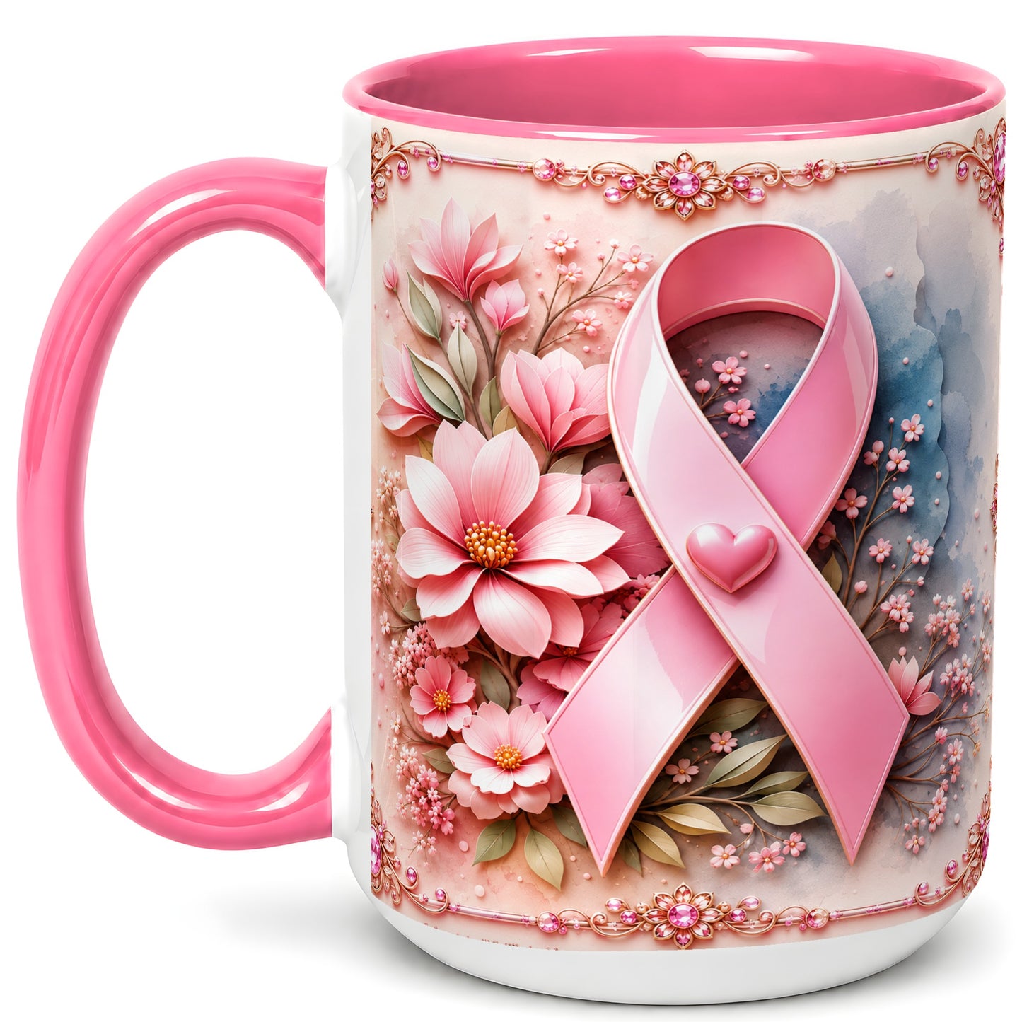 #pl[15oz|Pink] Breast Cancer Awareness Coffee Mug, Pink Ribbon Mug, Ceramic Cup