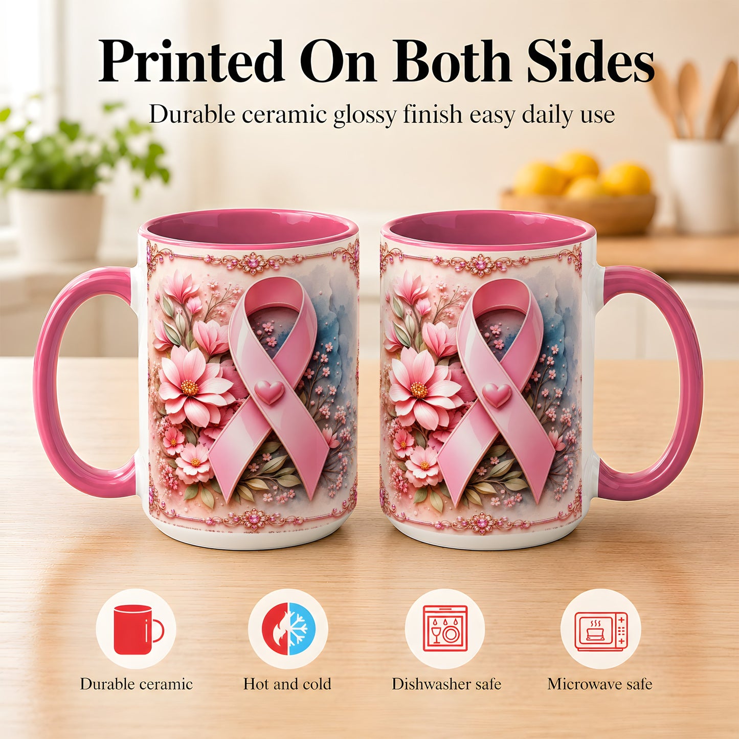 #pl[15oz|Pink] Breast Cancer Awareness Coffee Mug, Pink Ribbon Mug, Ceramic Cup