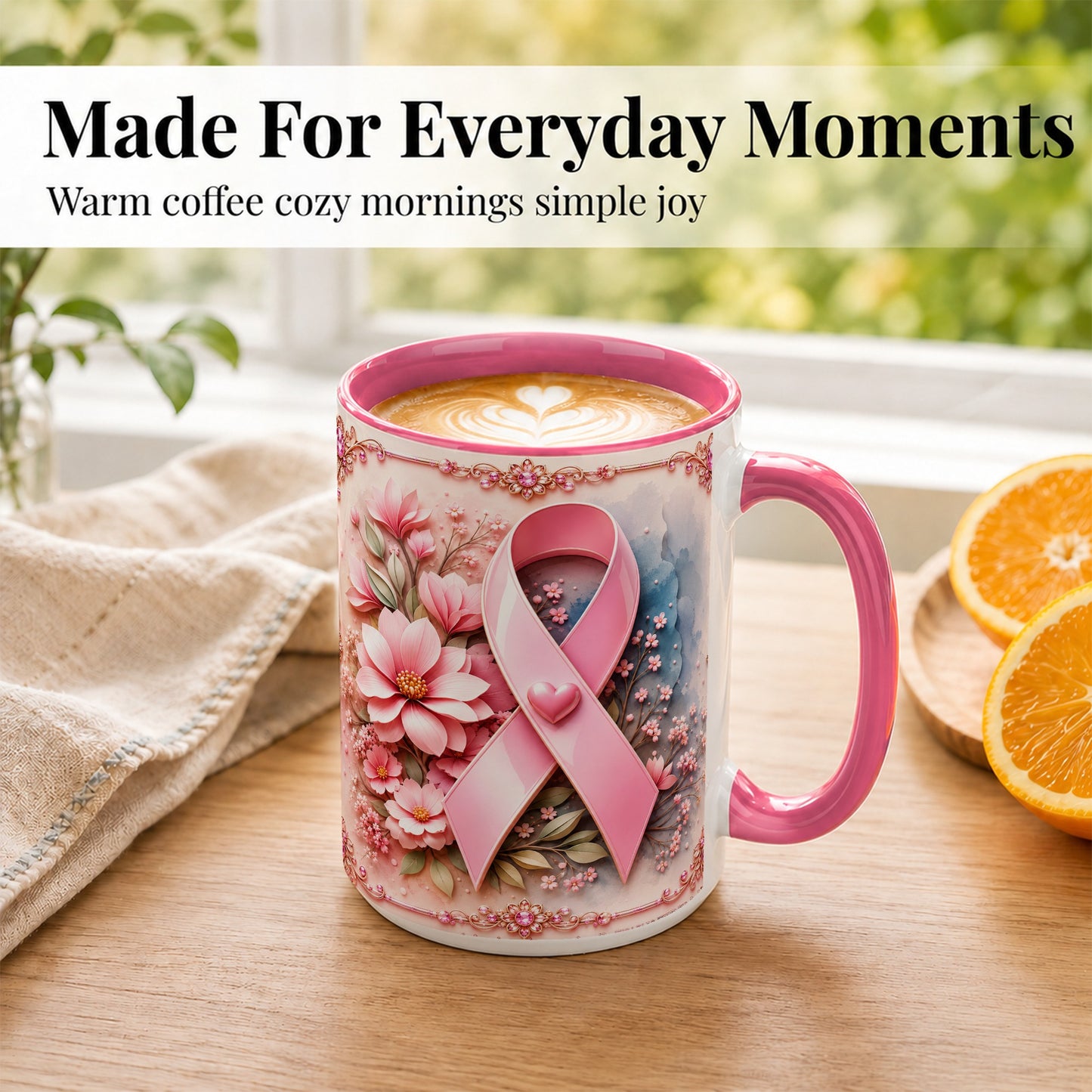 #pl[15oz|Pink] Breast Cancer Awareness Coffee Mug, Pink Ribbon Mug, Ceramic Cup