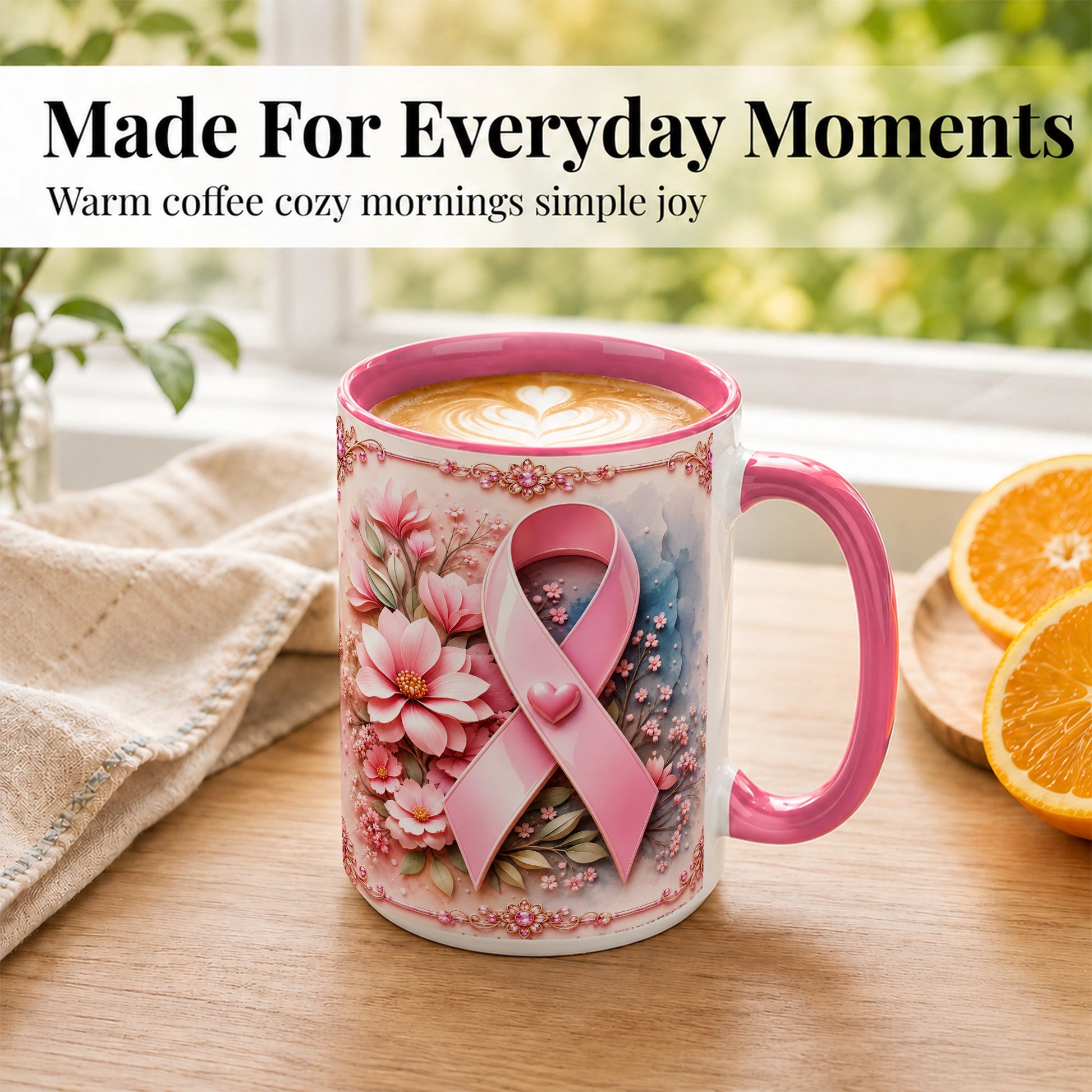 #pl[15oz|Pink] Breast Cancer Awareness Coffee Mug, Pink Ribbon Mug, Ceramic Cup