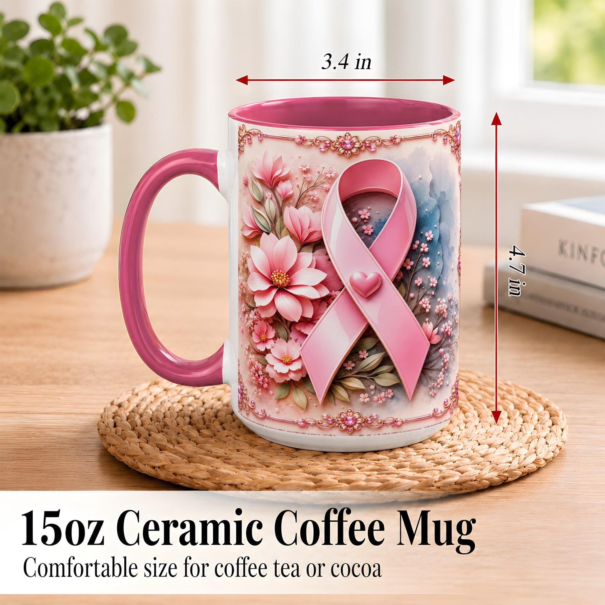 #pl[15oz|Pink] Breast Cancer Awareness Coffee Mug, Pink Ribbon Mug, Ceramic Cup