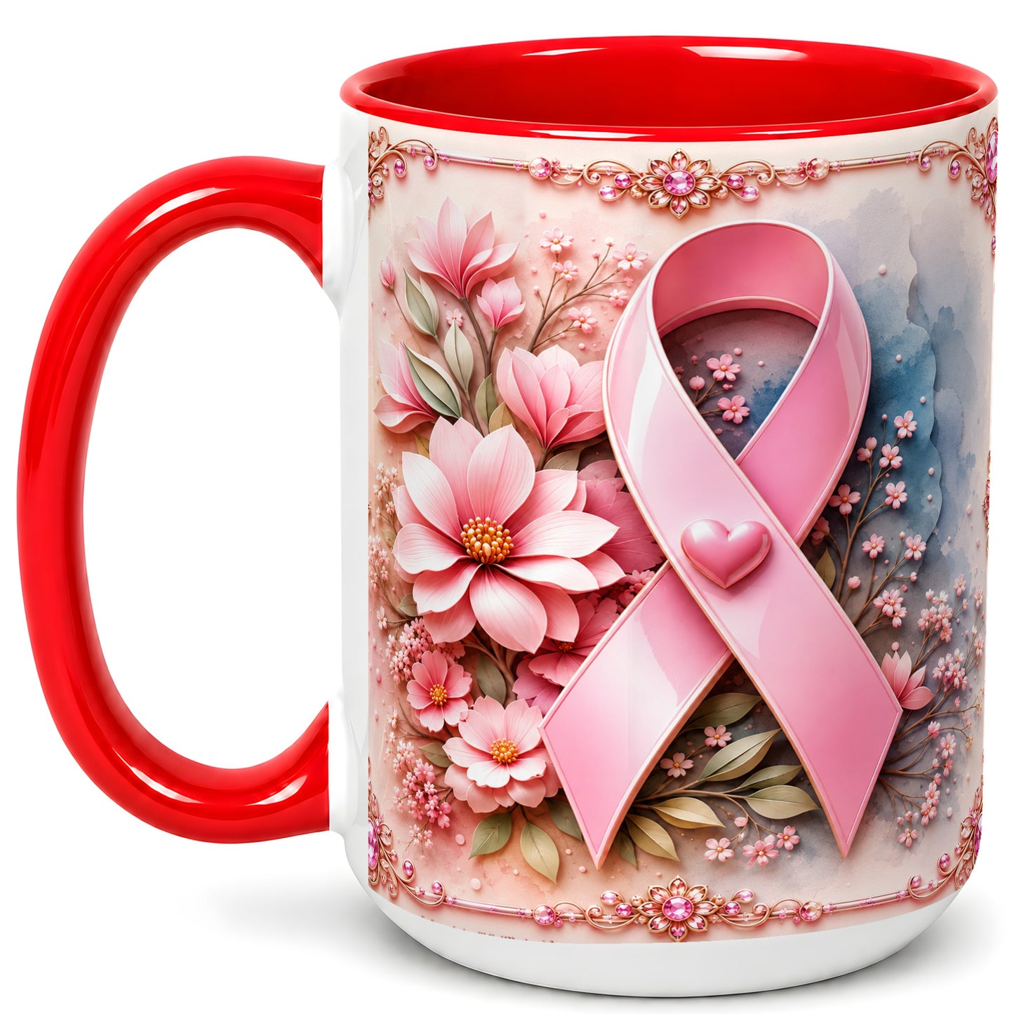 #pl[15oz|Red] Breast Cancer Awareness Coffee Mug, Pink Ribbon Mug, Ceramic Cup