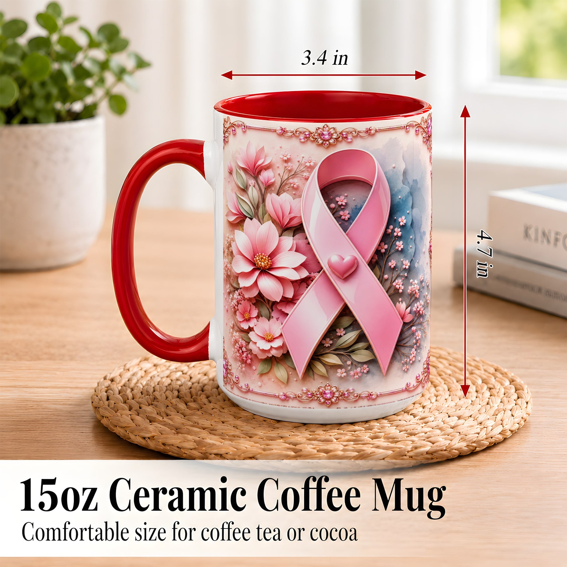 #pl[15oz|Red] Breast Cancer Awareness Coffee Mug, Pink Ribbon Mug, Ceramic Cup