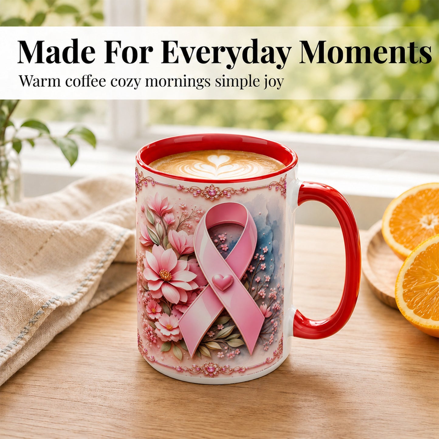 #pl[15oz|Red] Breast Cancer Awareness Coffee Mug, Pink Ribbon Mug, Ceramic Cup